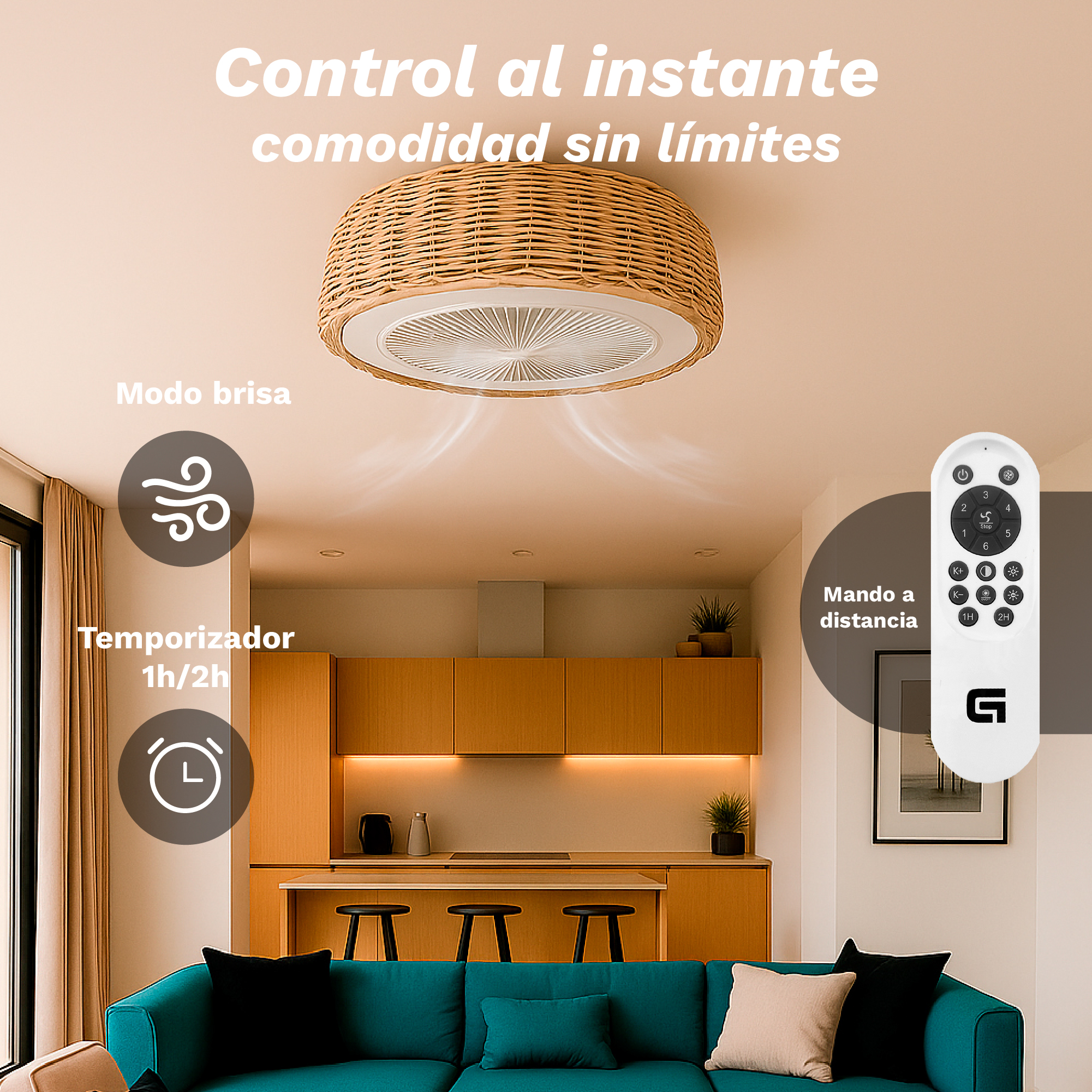 Un ventilador de techo en una sala de estar moderna. Se muestra el control remoto, el temporizador y el modo brisa. Un sofá turquesa y cocina de madera son visibles.
