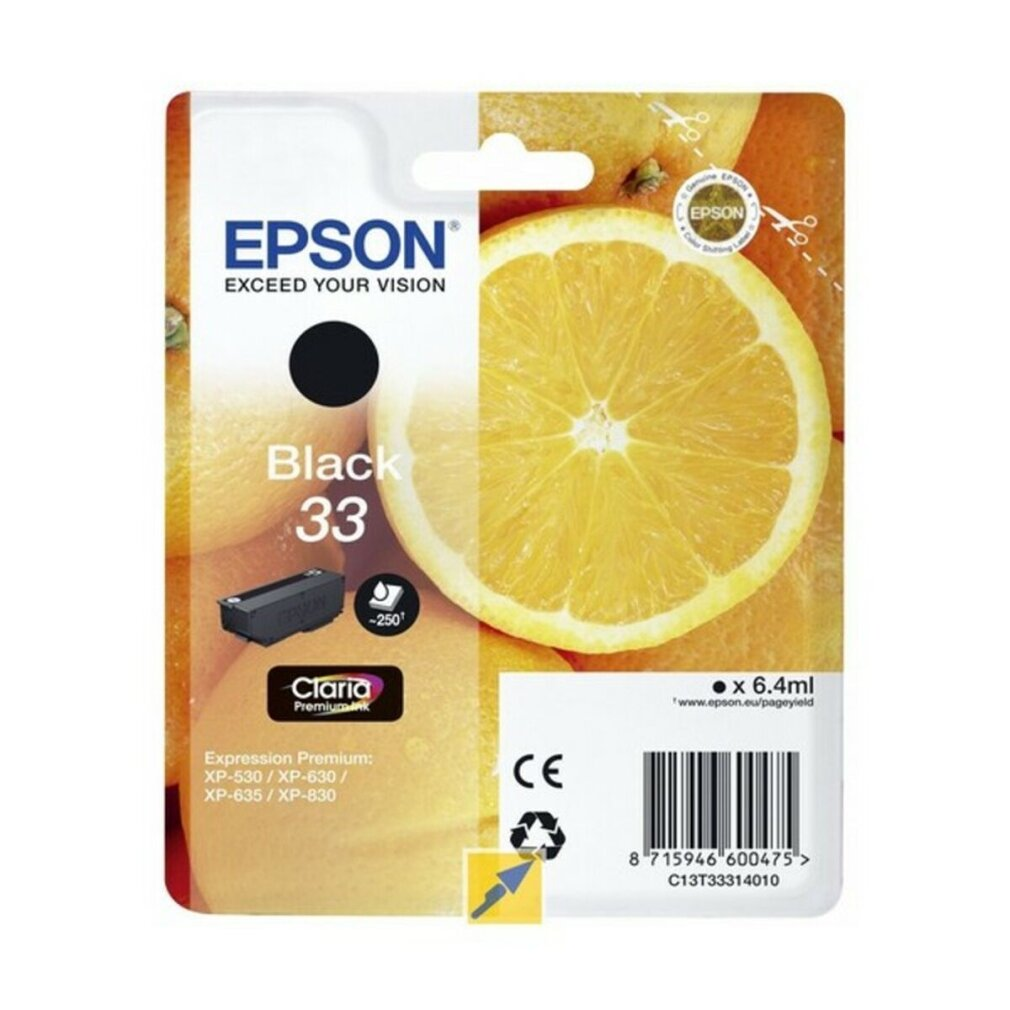 Epson Black 33 ink cartridge. The packaging shows a black ink cartridge, a slice of lemon and the Epson logo.