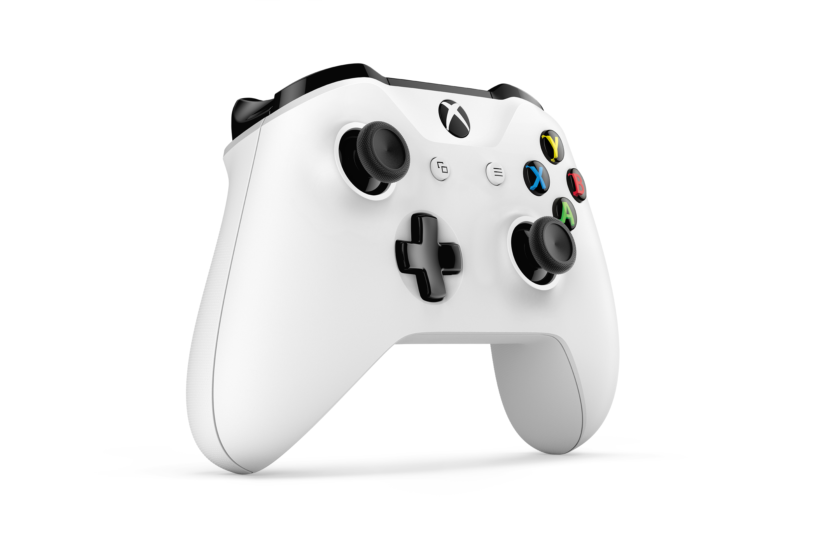 Controller Xbox bianco con dettagli neri. Pulsanti, joystick e D-pad. Logo Xbox presente.