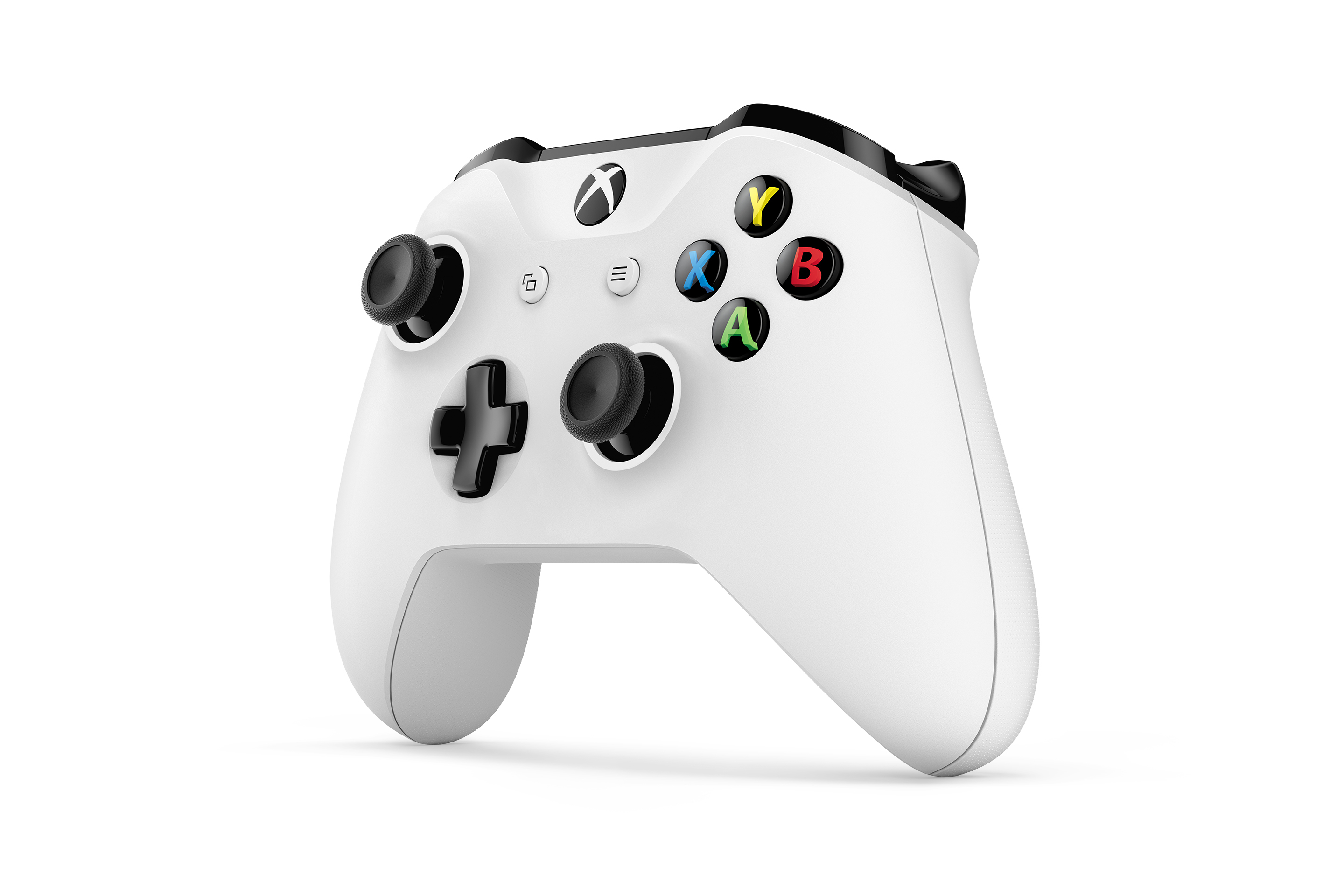Controller Xbox bianco. Presenta levette nere, pulsanti (X, Y, A, B), un D-pad e il logo Xbox centrale.