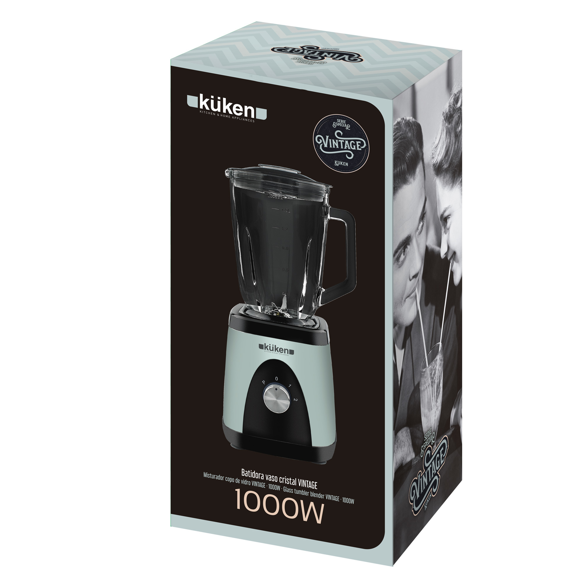 Eine Blenderbox mit Vintage-Design. Der Mixer ist hellblau und schwarz. Die Box zeigt ein Paar, das aus Strohhalmen trinkt.