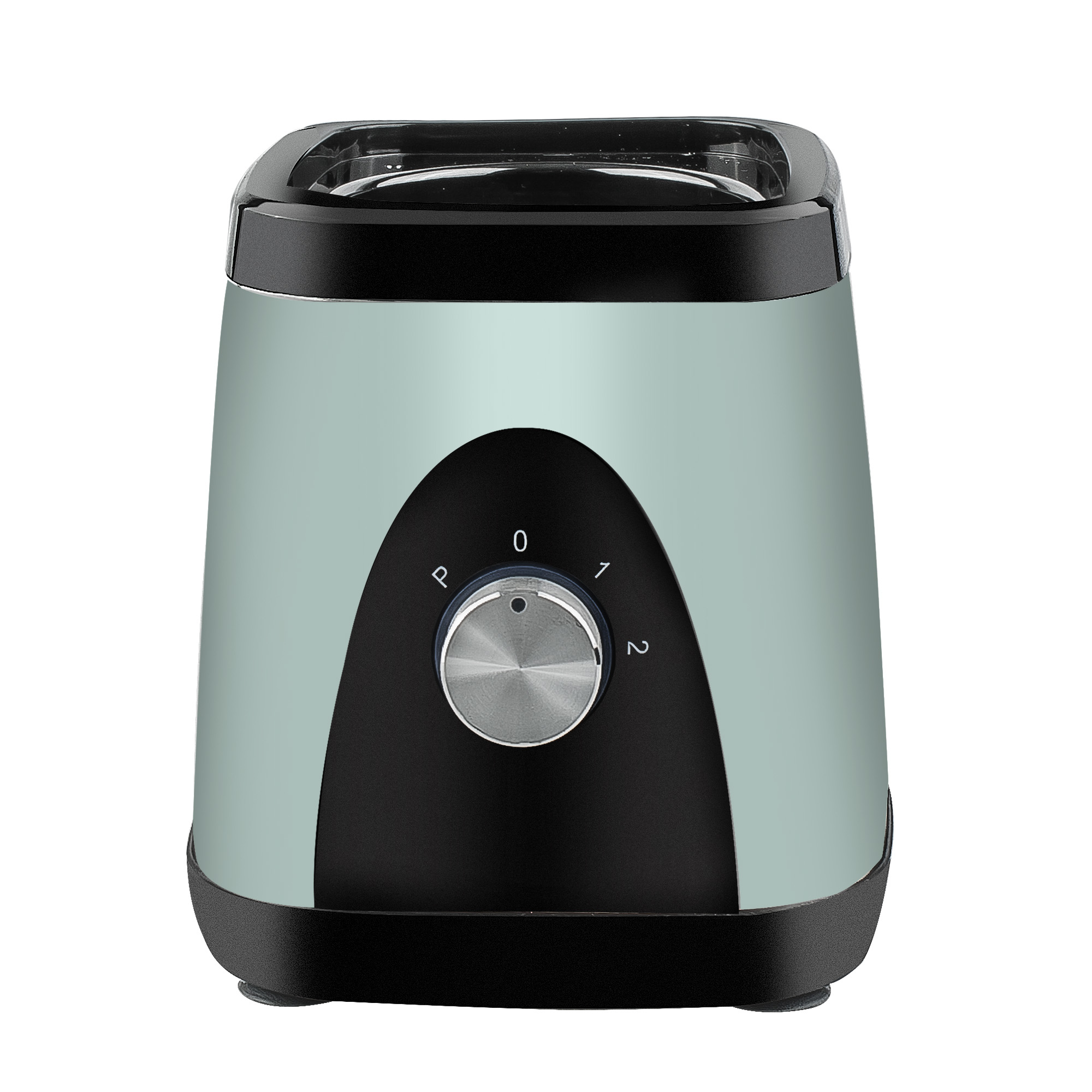 Ein blaugrüner und schwarzer Toaster. Er hat einen Drehregler mit Einstellungen von 0 bis 2. Die Ober- und Unterseite sind schwarz.