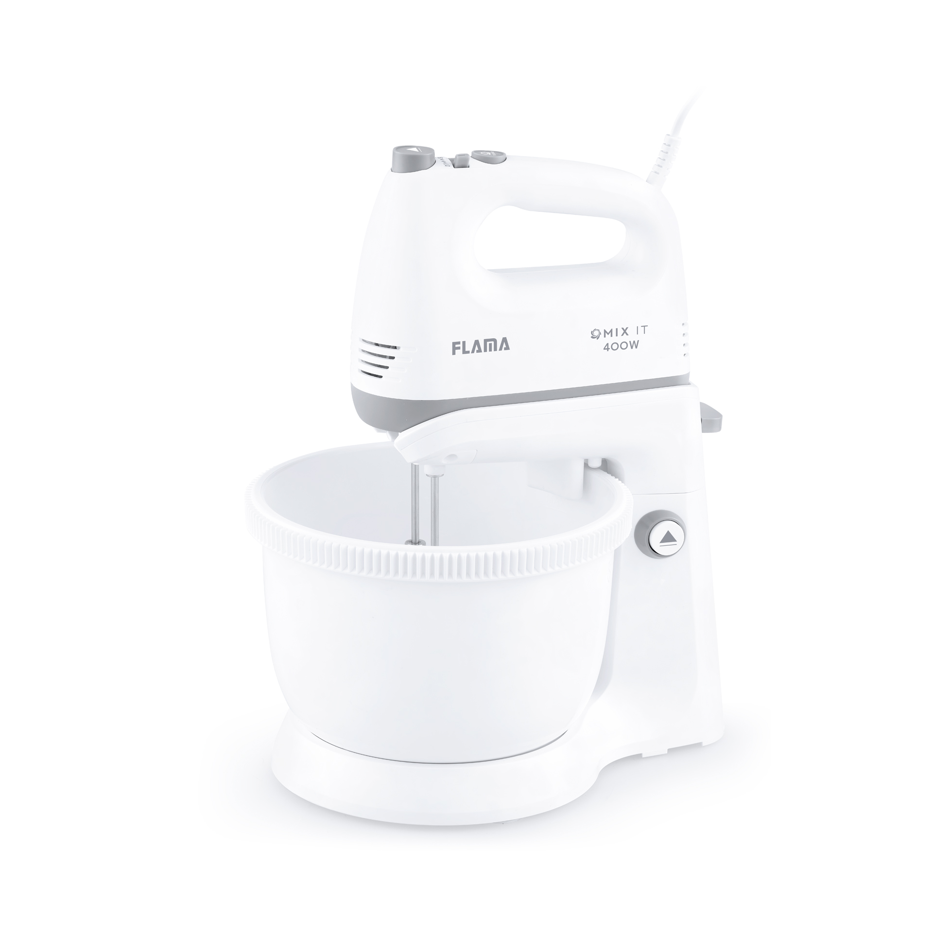 Un mixer elettrico bianco con una ciotola. Porta il marchio FLAMA e MIX IT 400W. Lo sfondo è bianco.