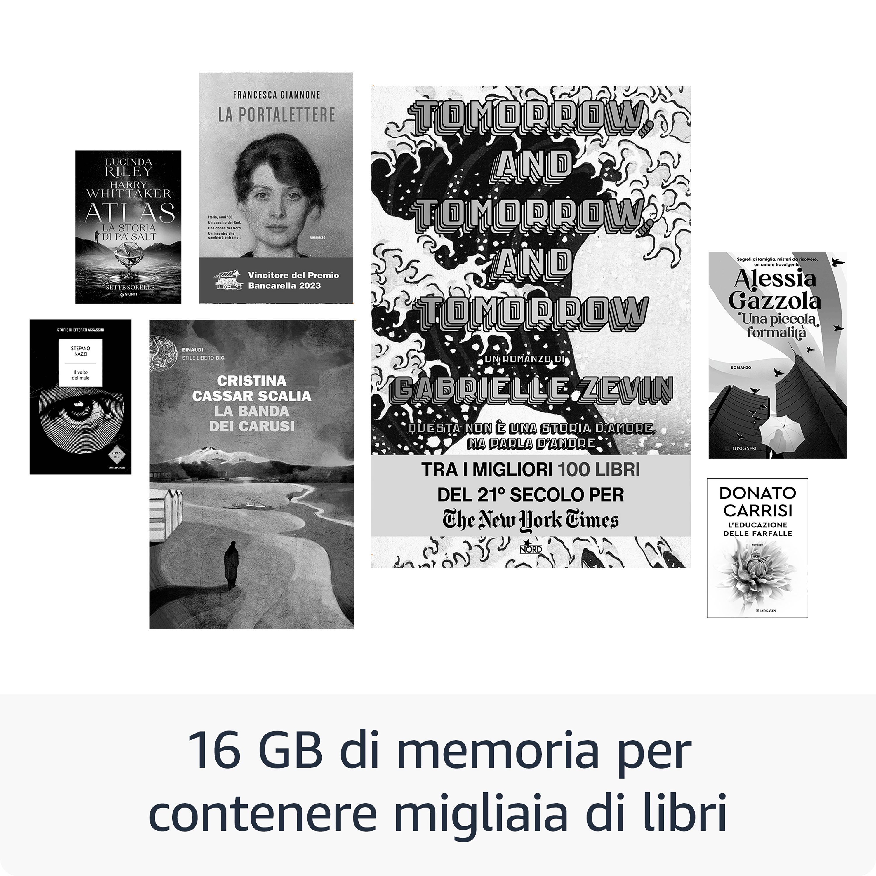 L'immagine presenta copertine di libri con titoli e autori. Il testo in basso recita: '16 GB di memoria per contenere migliaia di libri'.