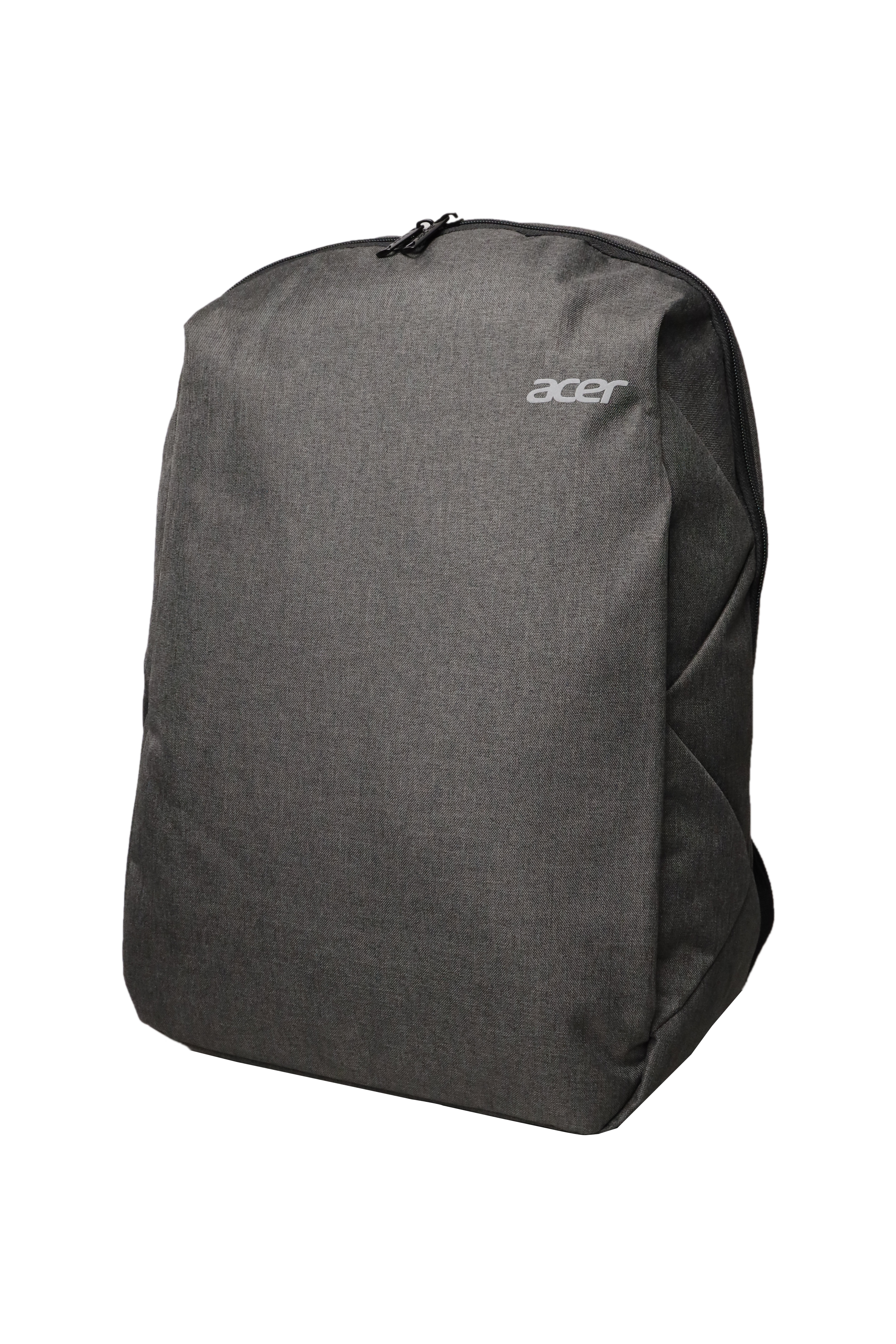 Ein grauer Acer-Rucksack ist vor weißem Hintergrund isoliert. Er hat einen Reißverschluss und das Acer-Logo.