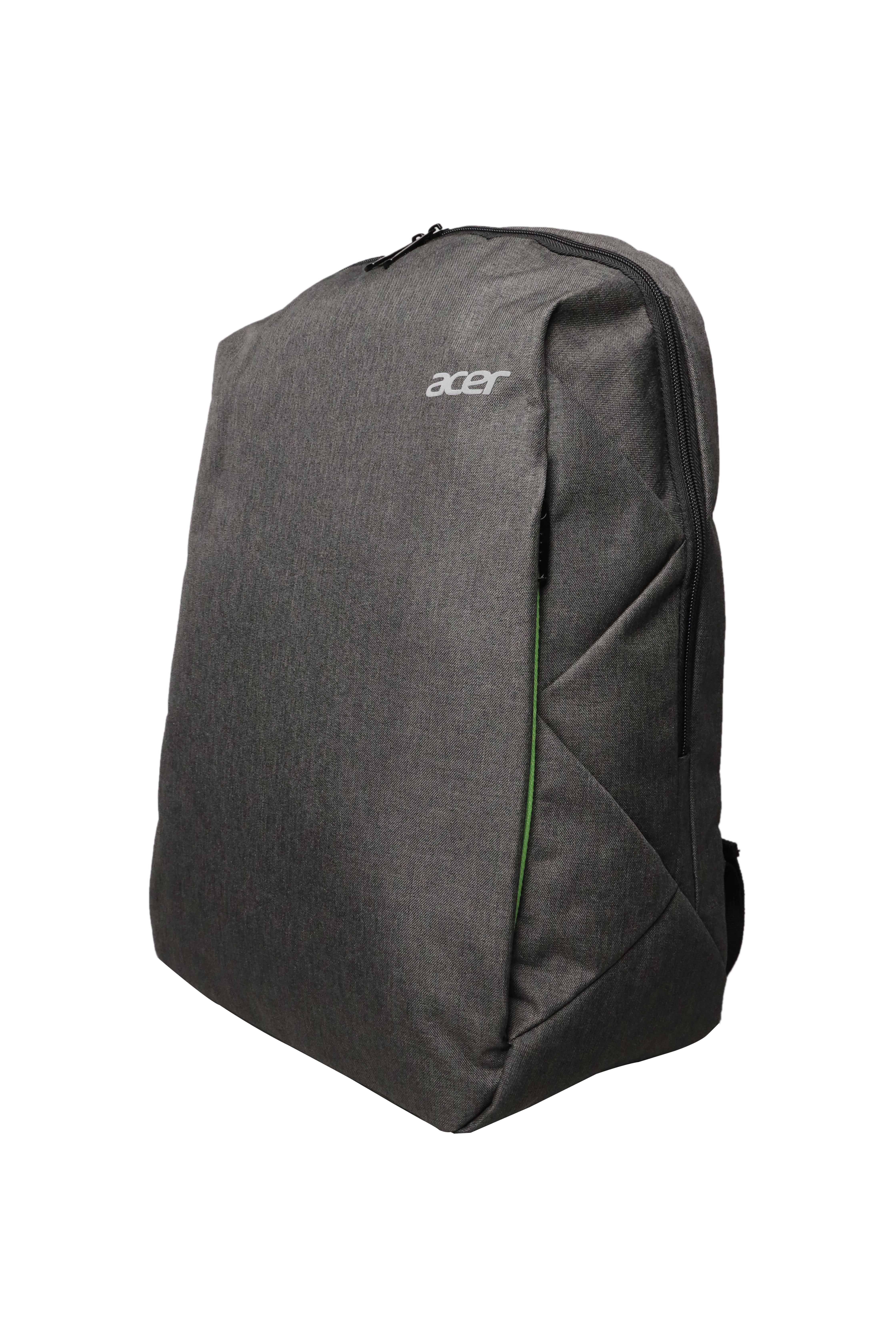 Ein grauer Acer-Rucksack mit schwarzen Reißverschlüssen und einem grünen Akzent, isoliert auf weißem Hintergrund.