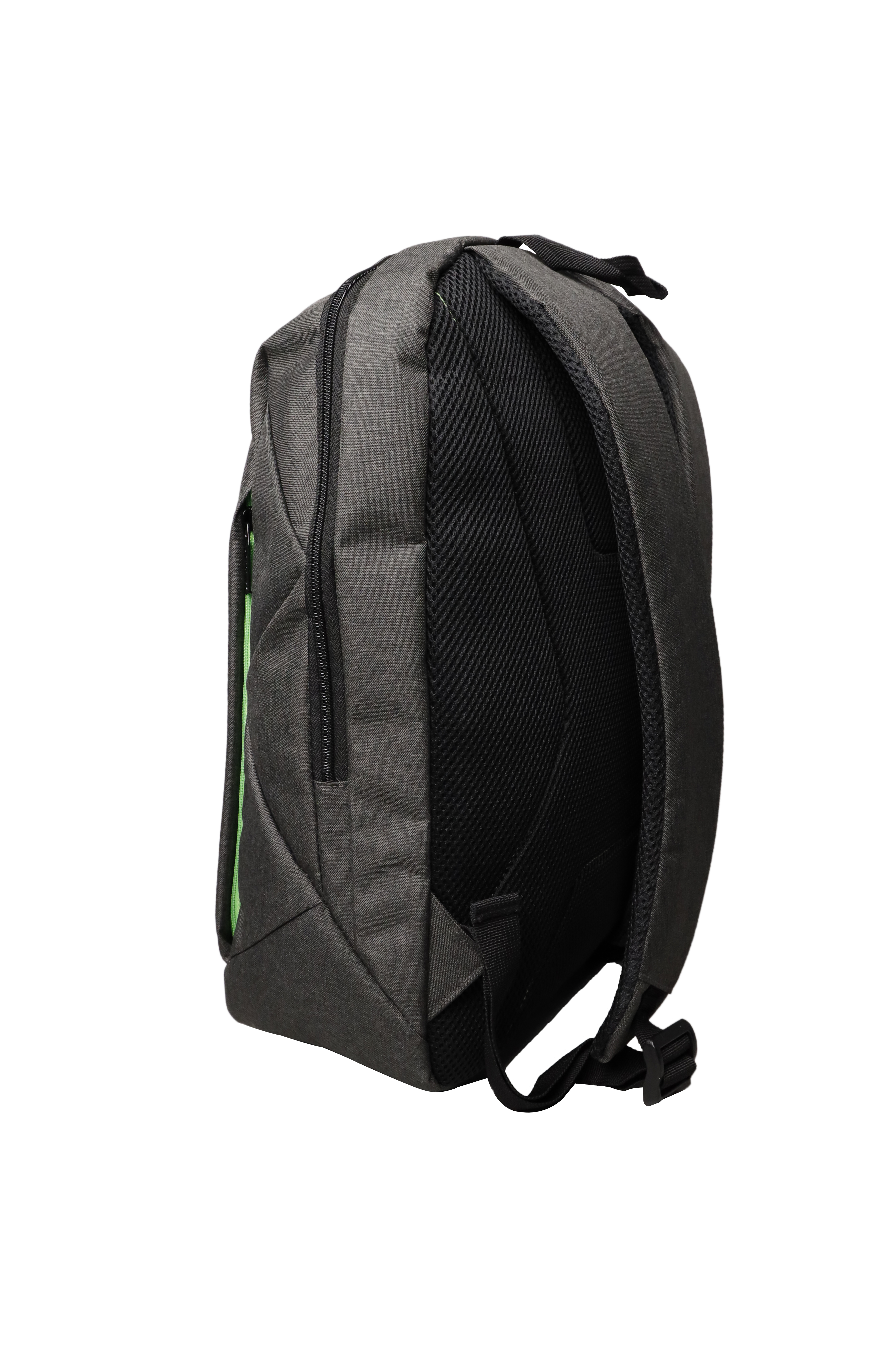 Grauer Rucksack mit schwarzem Reißverschluss und grünem Akzent auf weißem Hintergrund.