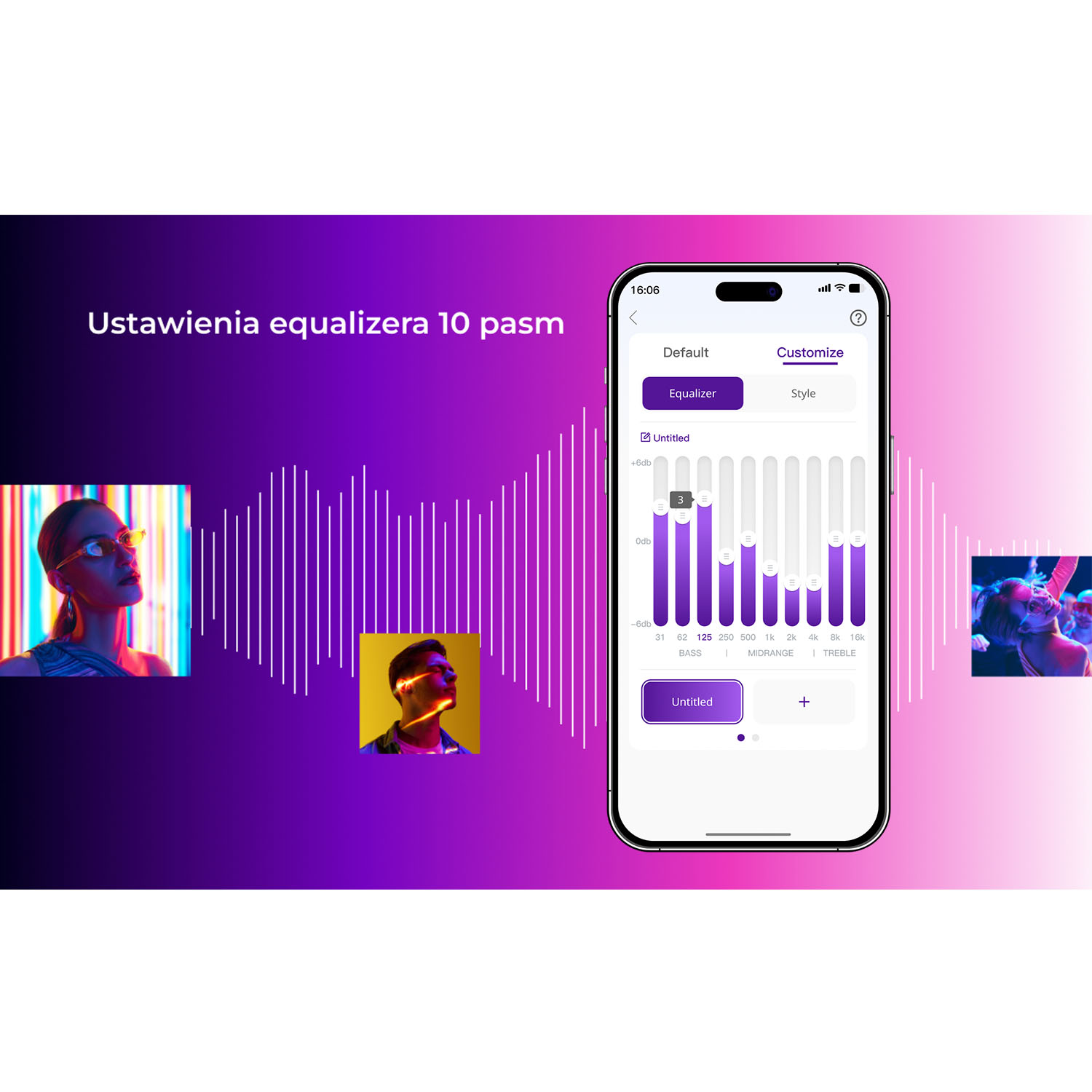 Ekran telefonu wyświetla interfejs korektora. Tło to fioletowy gradient. Trzy małe obrazy znajdują się po lewej i prawej stronie.