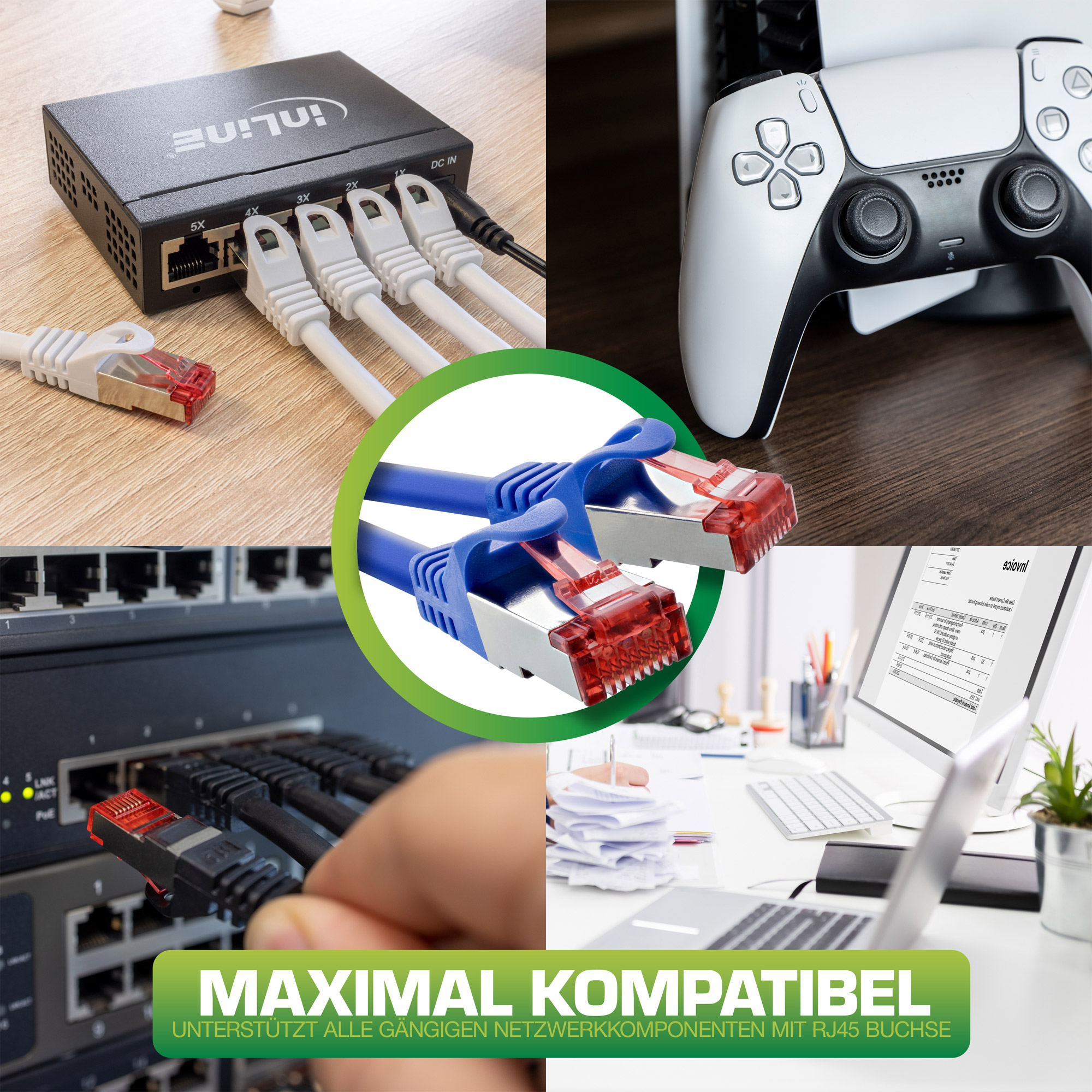 Zdjęcie: Kable sieciowe, kontroler gier, przełącznik i ekran z dokumentami. Tekst: Maksymalna Kompatybilność.