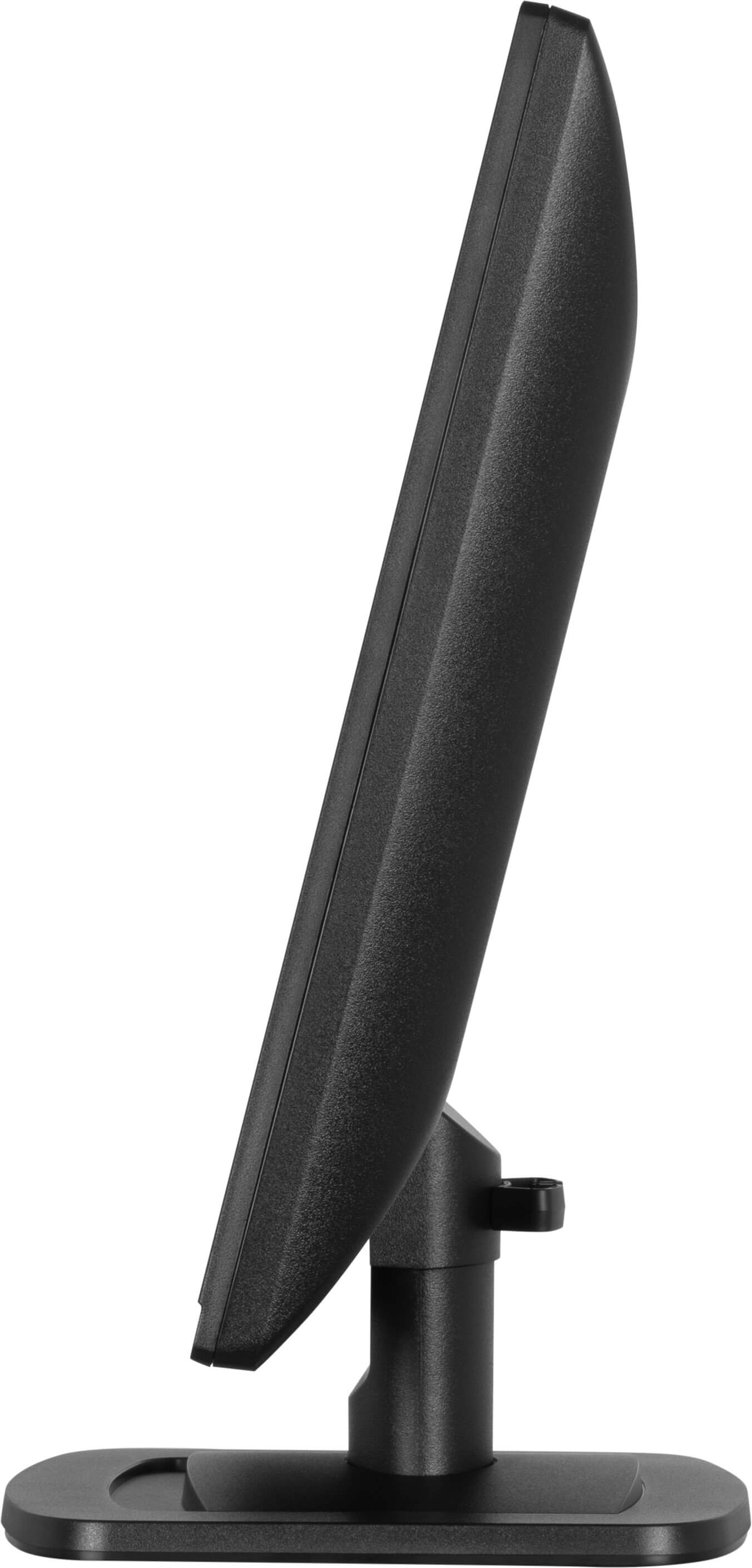 Czarny monitor pochylony w lewo. Ma podstawę i jest na białym tle.