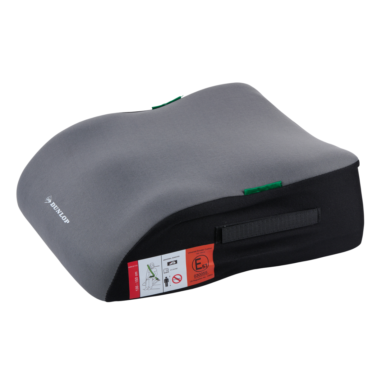 Een grijze en zwarte Dunlop stoelverhoger. Het heeft een gebogen bovenkant en een zwarte basis met een handvat. Bevat veiligheidsinformatie op een label.