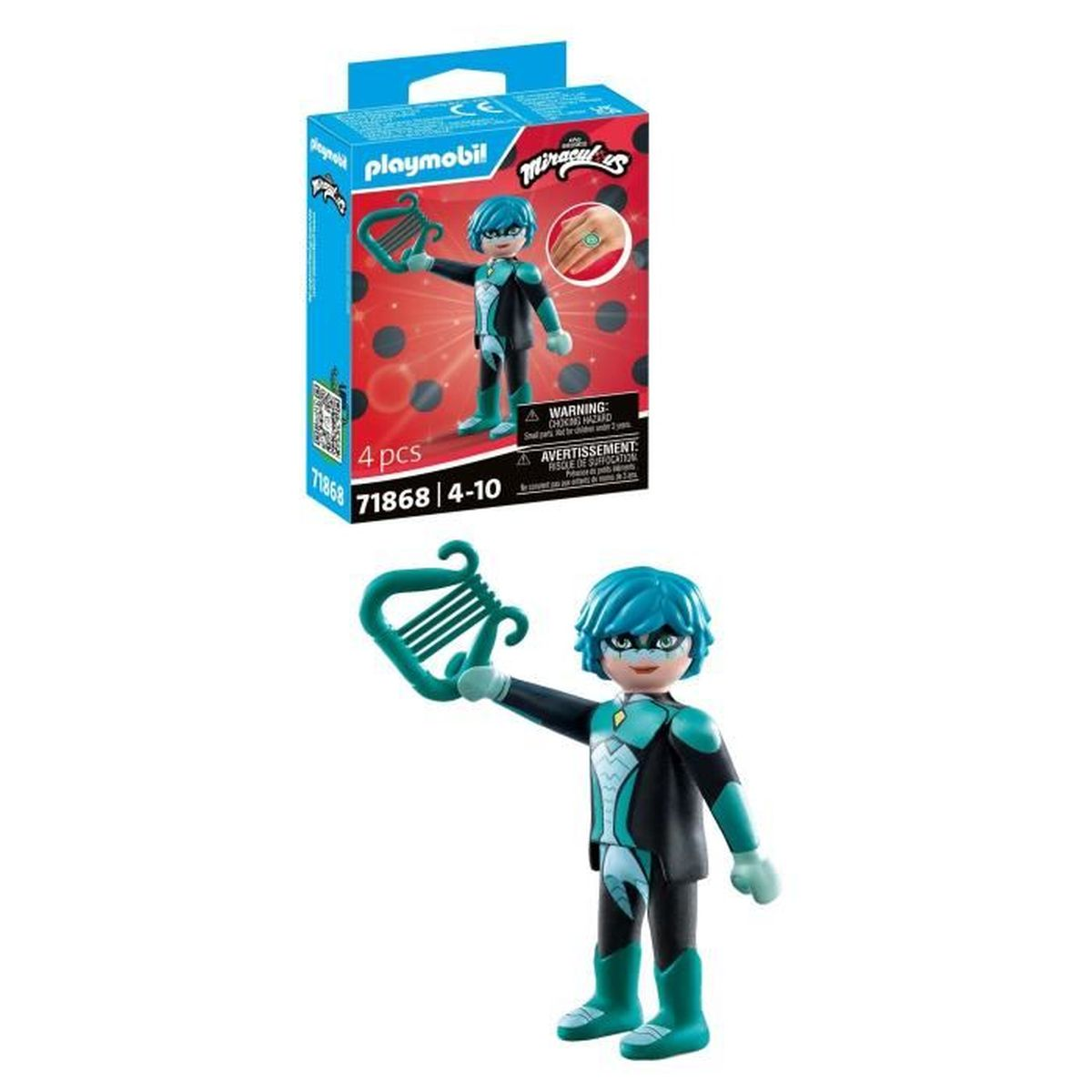 Een Playmobil-figuur van een personage met blauw haar en zeegroene accenten, met een zeegroene harp, met een doos op de achtergrond.