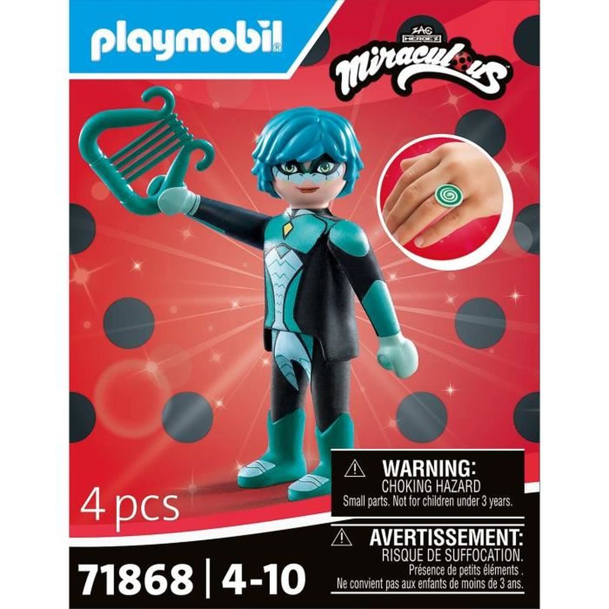 Playmobil figuur van Miraculous karakter met blauw haar, een harp vasthoudend, op rode achtergrond met zwarte stippen.
