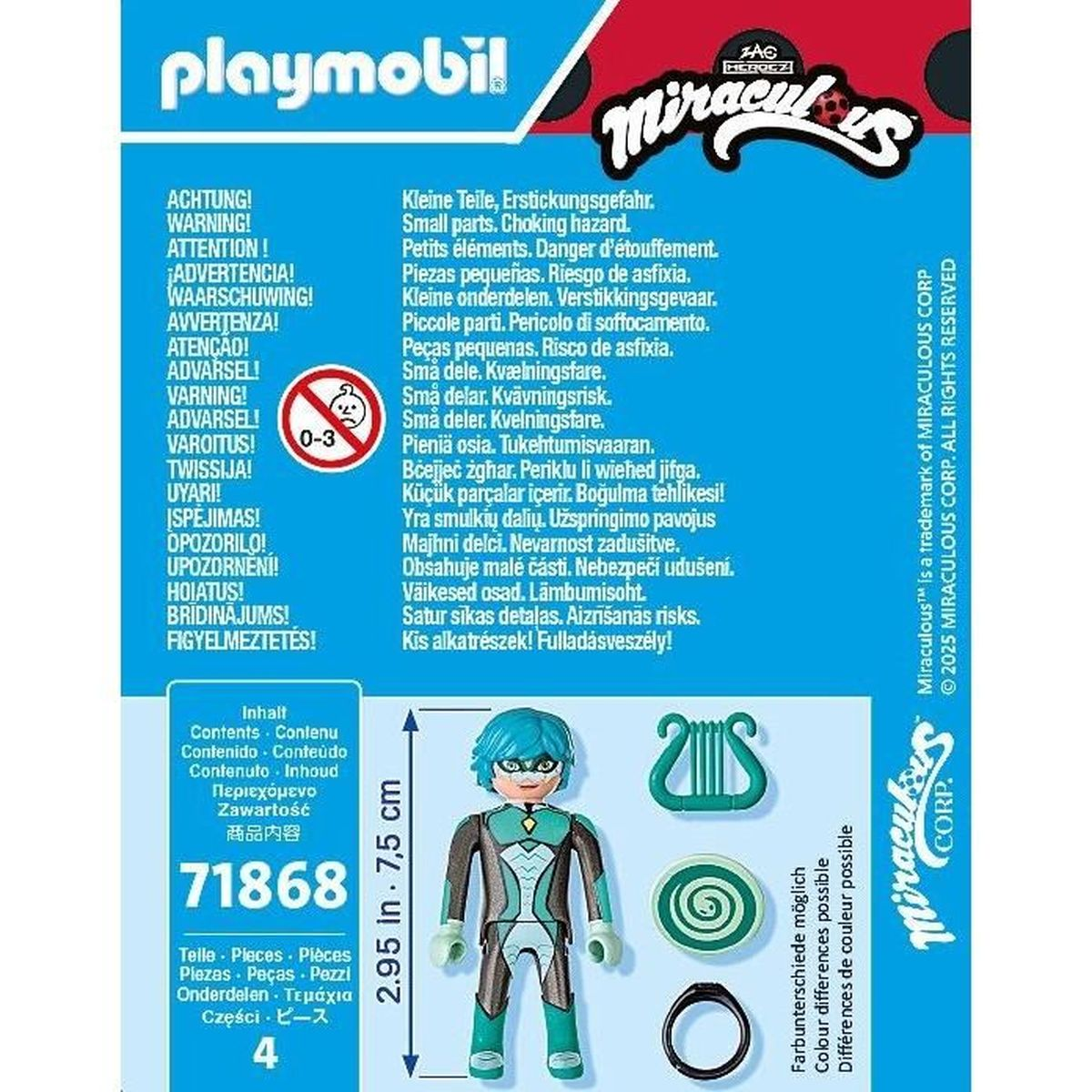 Playmobil doos met een figuur. Het figuur heeft blauw haar, groene en witte kleding en kleine accessoires.
