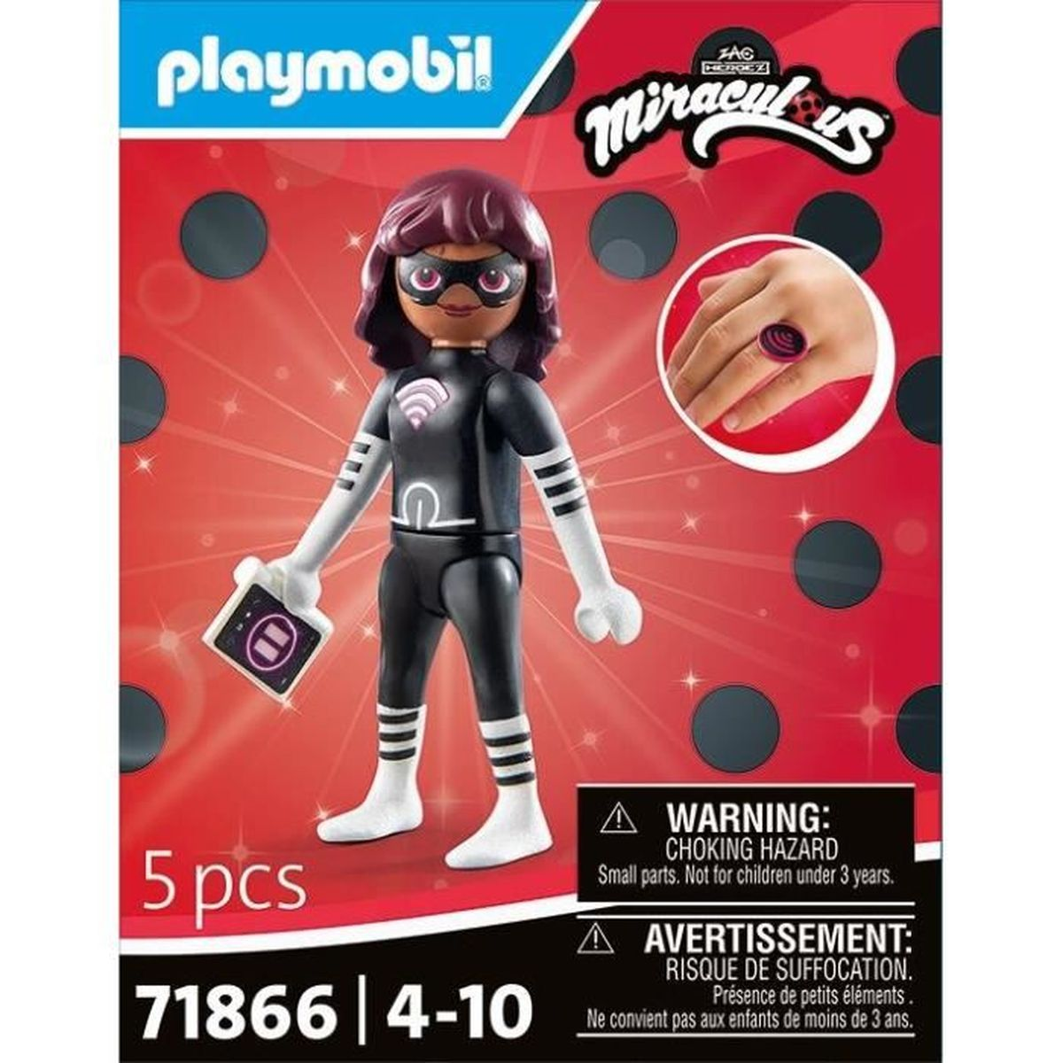 Playmobil figuur van een Miraculous personage. Het heeft een zwart-wit pak, masker en paars haar. De doos toont een ring en waarschuwingslabels.
