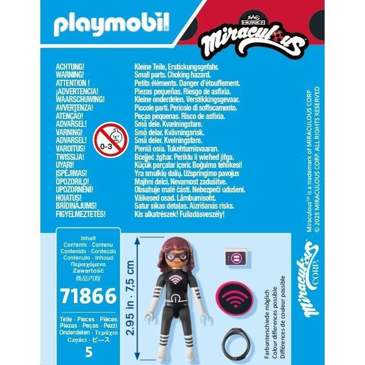 Een Playmobil-doos met een Miraculous-figuur. Tekst waarschuwt voor kleine onderdelen. De figuur is zwart met masker.