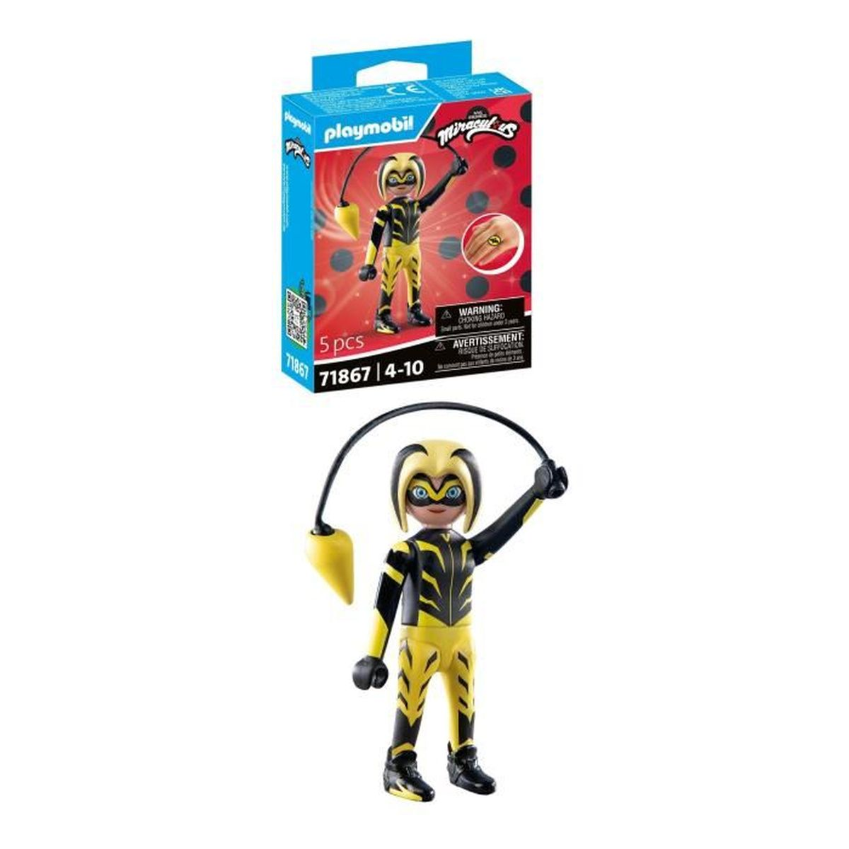 Een Playmobil-speelset met een geel en zwart gekostumeerd figuur, de doos toont hetzelfde figuur met het Miraculous-logo.