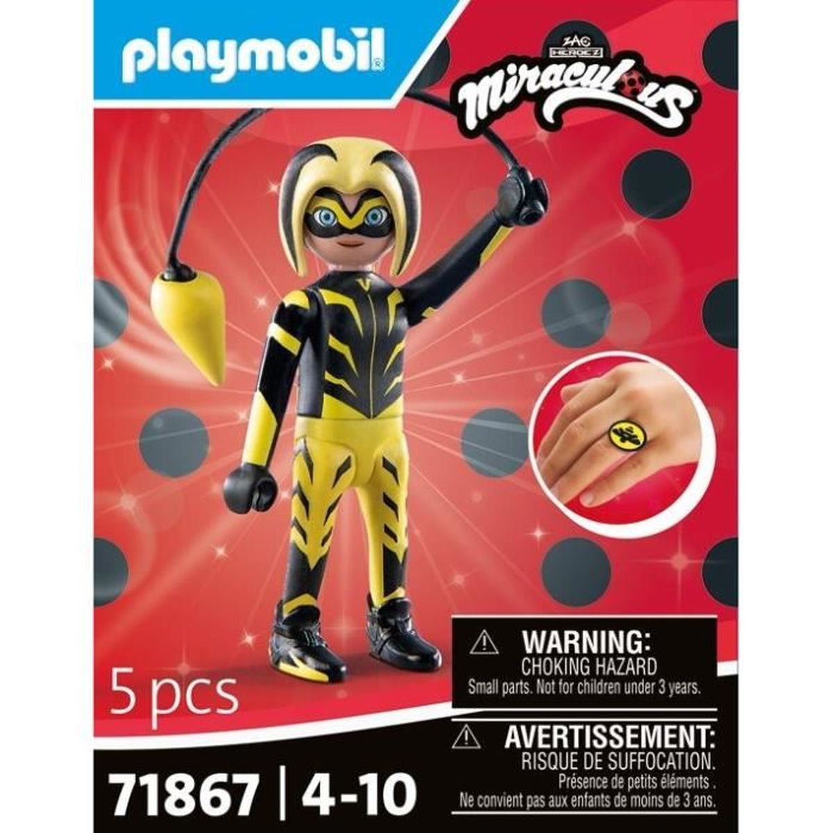 Een Playmobil doos met een Miraculous figuur in geel en zwart. Bevat waarschuwingen en een kleine ring.