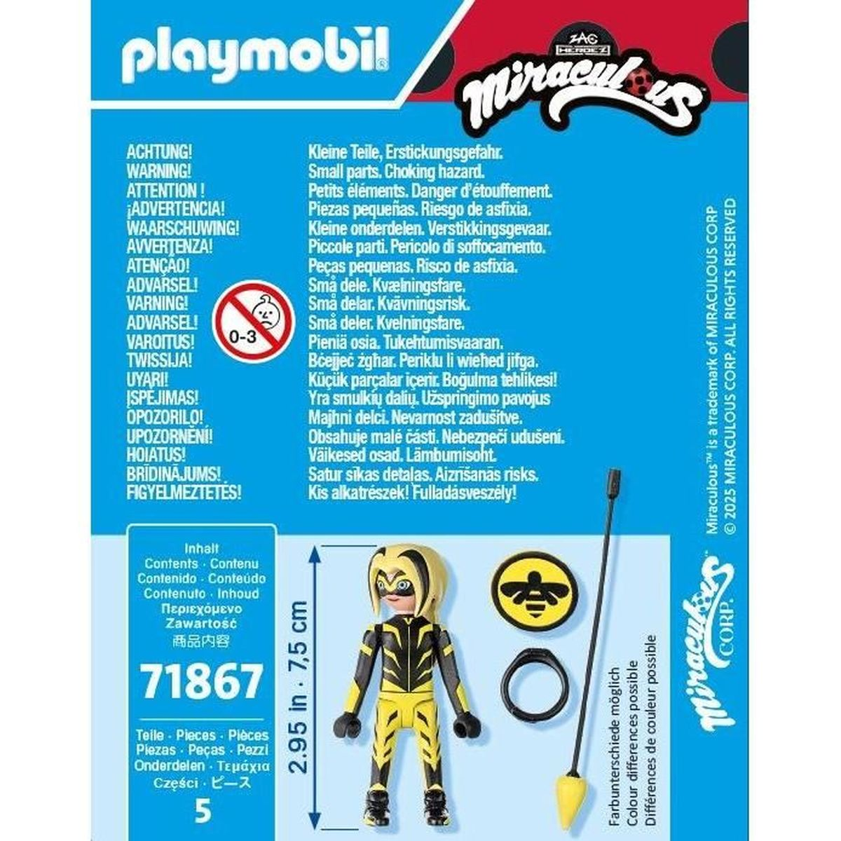Playmobil Miraculous speelgoedset. Bevat een figuur, accessoires en productdetails. Achtergrond met tekst in meerdere talen.