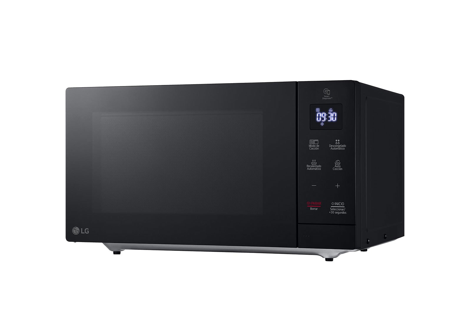 Un forno a microonde LG nero che mostra 09:30 sull'orologio digitale. I pulsanti includono modalità di cottura, scongelamento e avvio.