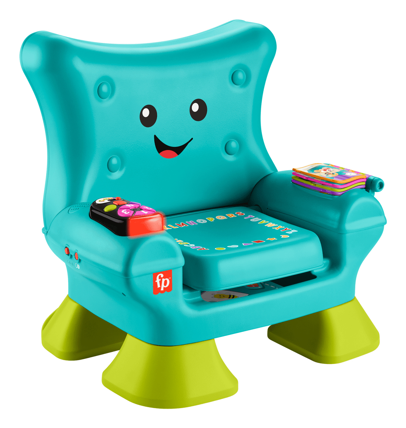 Turkusowe krzesło zabawka z uśmiechniętą twarzą, siedziskiem z alfabetem i książką. Ma limonkowo-zielone nogi i zabawkowe pilot. To zabawka edukacyjna.