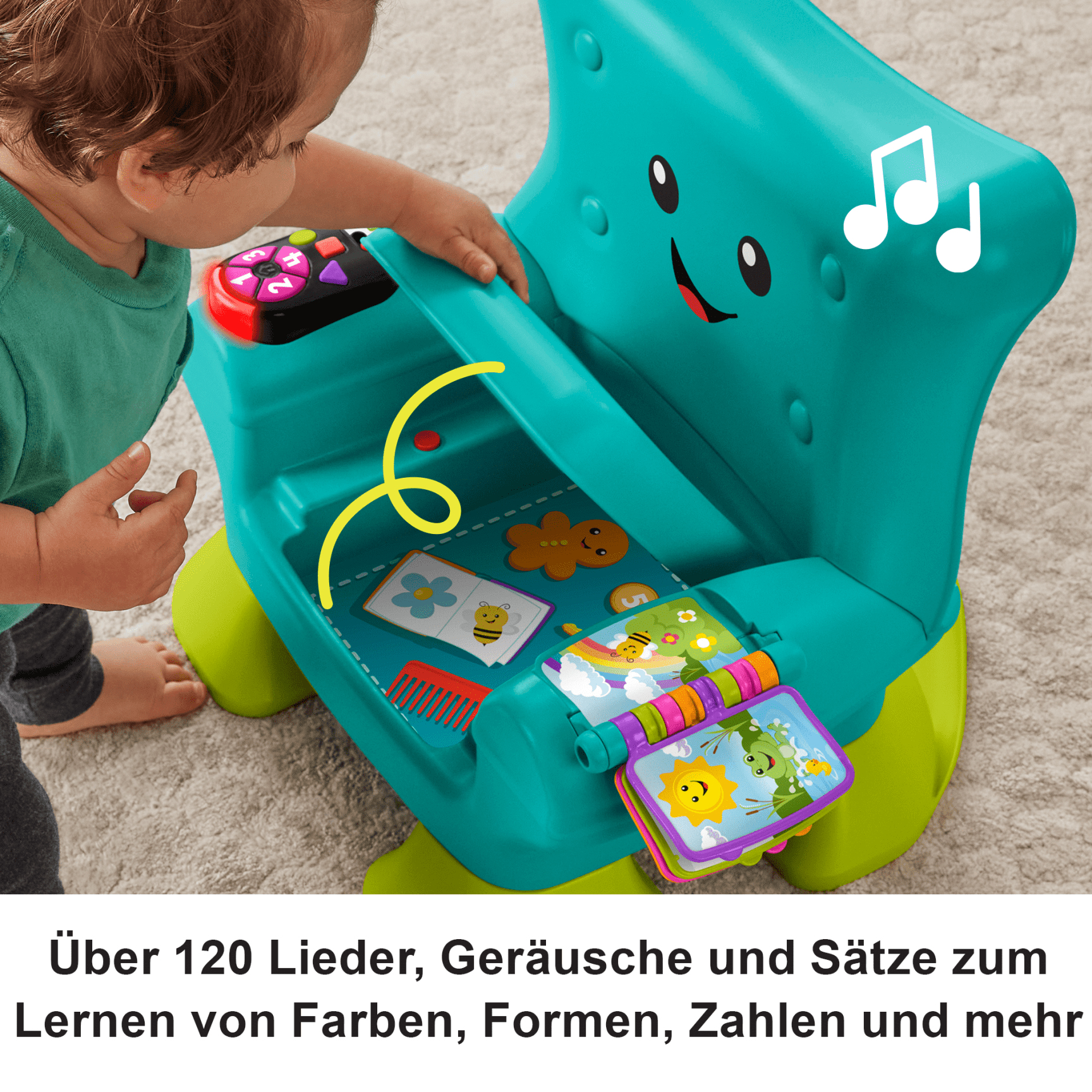 Niemowlę bawi się turkusowym krzesełkiem z interfejsem muzycznym i kartami edukacyjnymi.