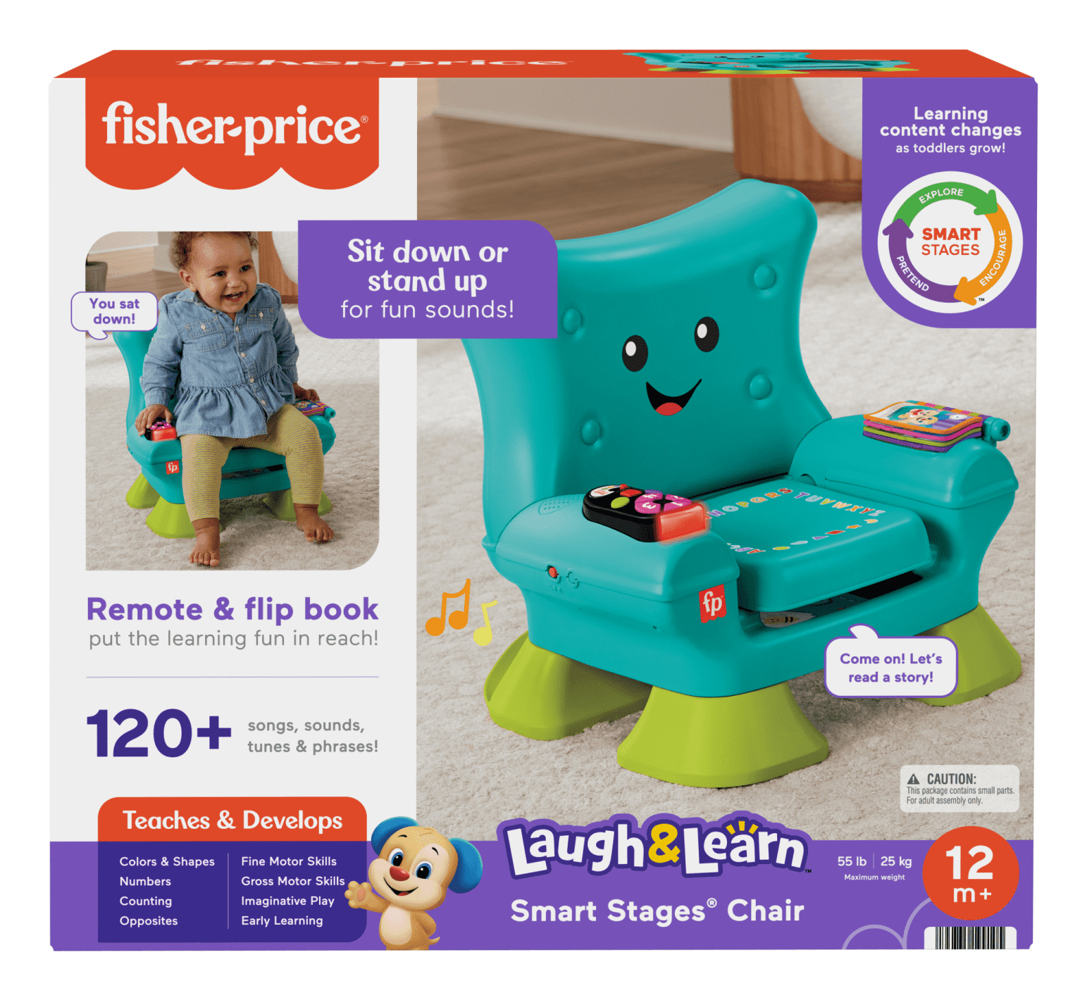 Krzesło Fisher-Price Laugh & Learn Smart Stages z dzieckiem. Zawiera pilota, książkę i elementy edukacyjne.