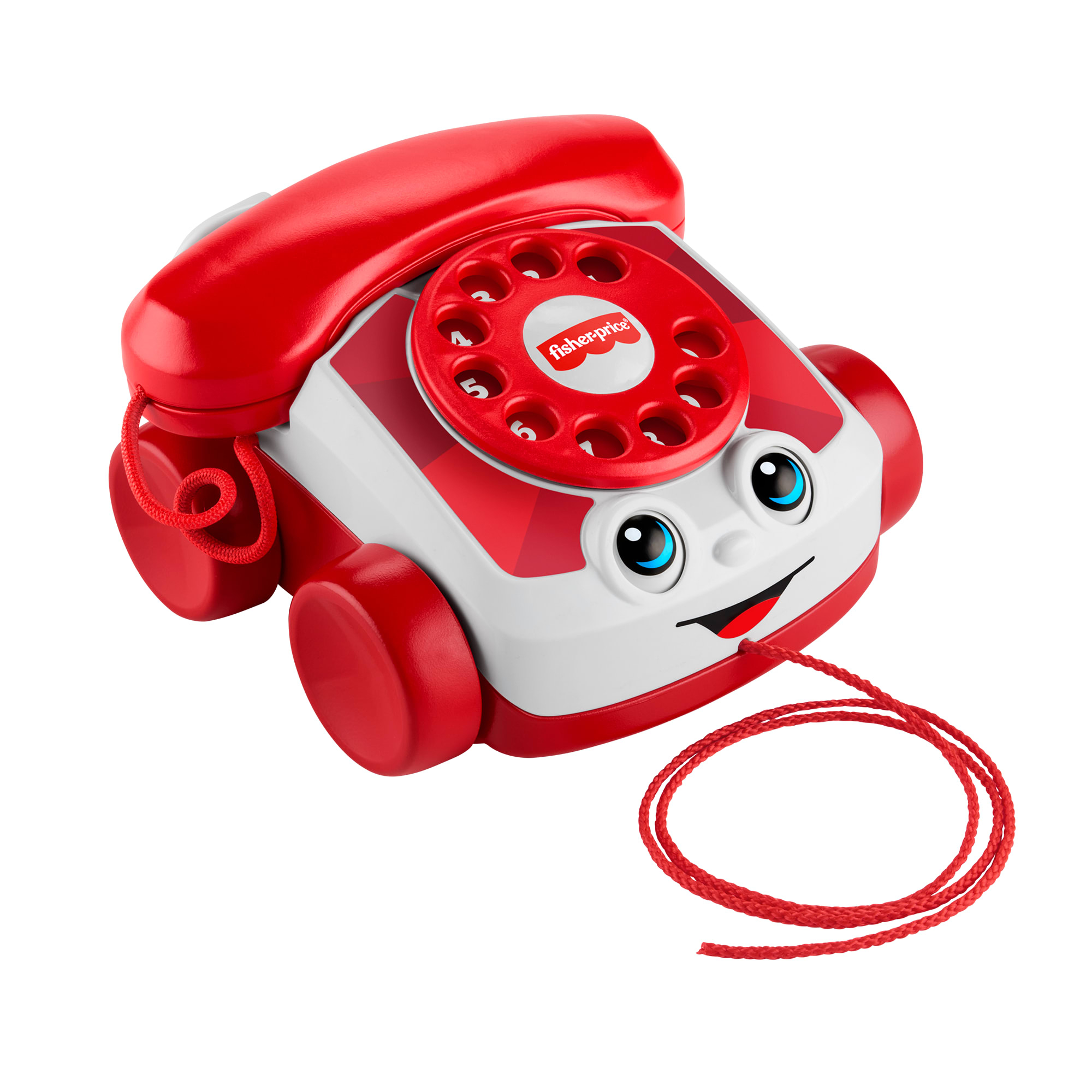 Rotes und weißes Spielzeugtelefon mit lächelndem Gesicht, Wählscheibe und Zugkordel auf weißem Hintergrund.