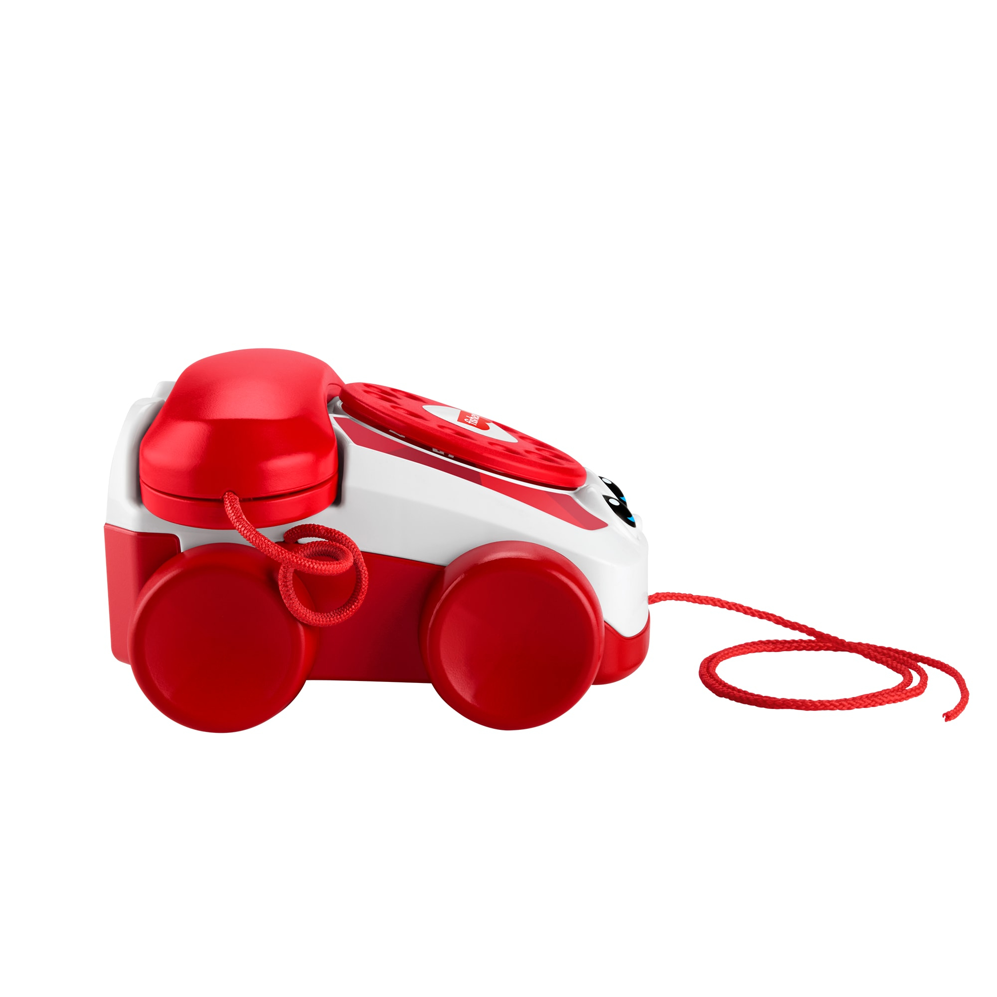 Ein rot-weißes Spielzeugtelefon in Form eines Autos. Es hat Räder, einen Hörer, eine Wählscheibe und eine rote Zugkordel.