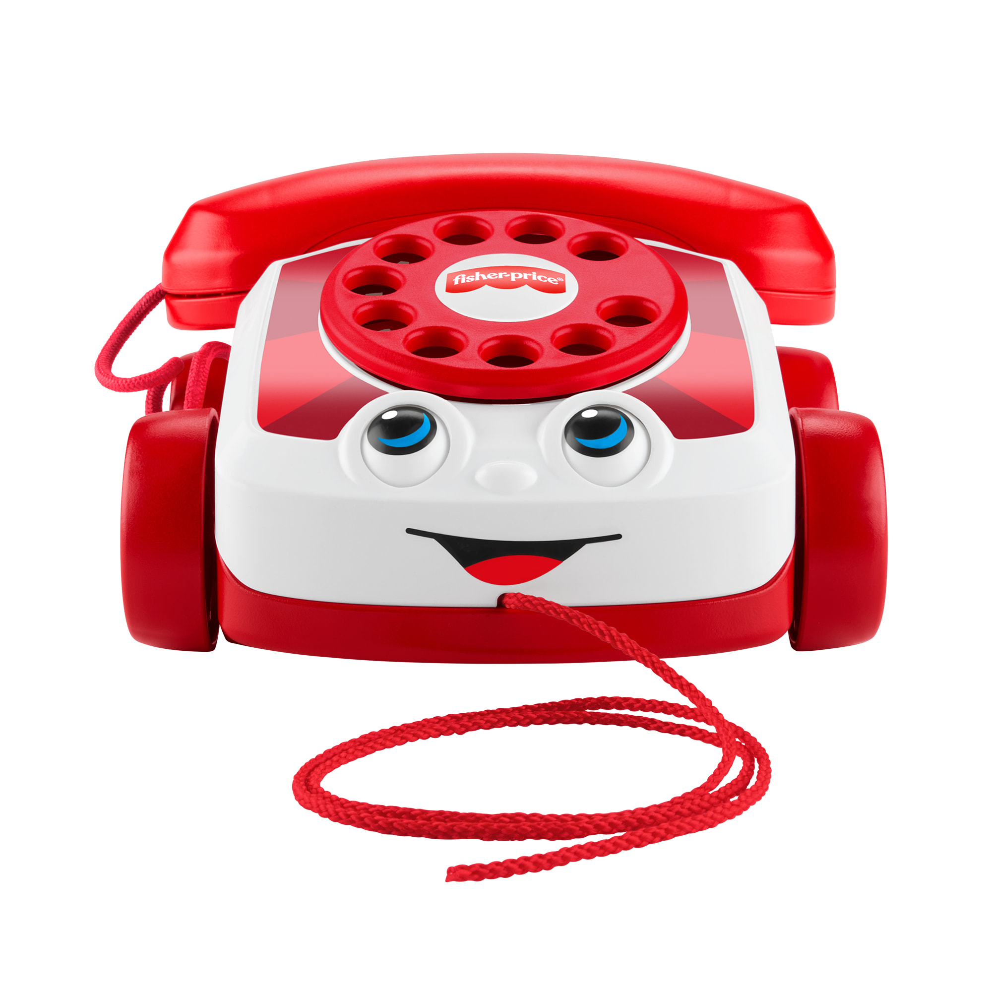 Ein rot-weißes Fisher-Price-Spielzeugtelefon mit lächelndem Gesicht und Rädern. Ein rotes Kabel ist befestigt. Der Hintergrund ist weiß.