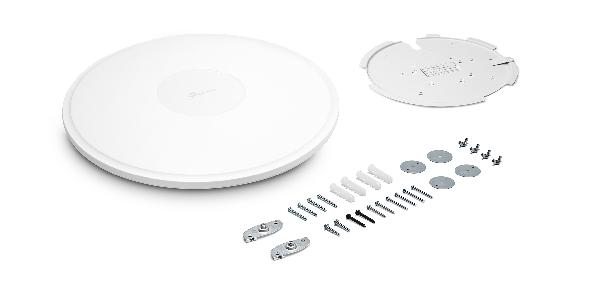Punto de acceso de techo TP-Link blanco con piezas de montaje, tornillos y soportes sobre una superficie blanca. Las piezas incluyen una base y una placa de montaje.