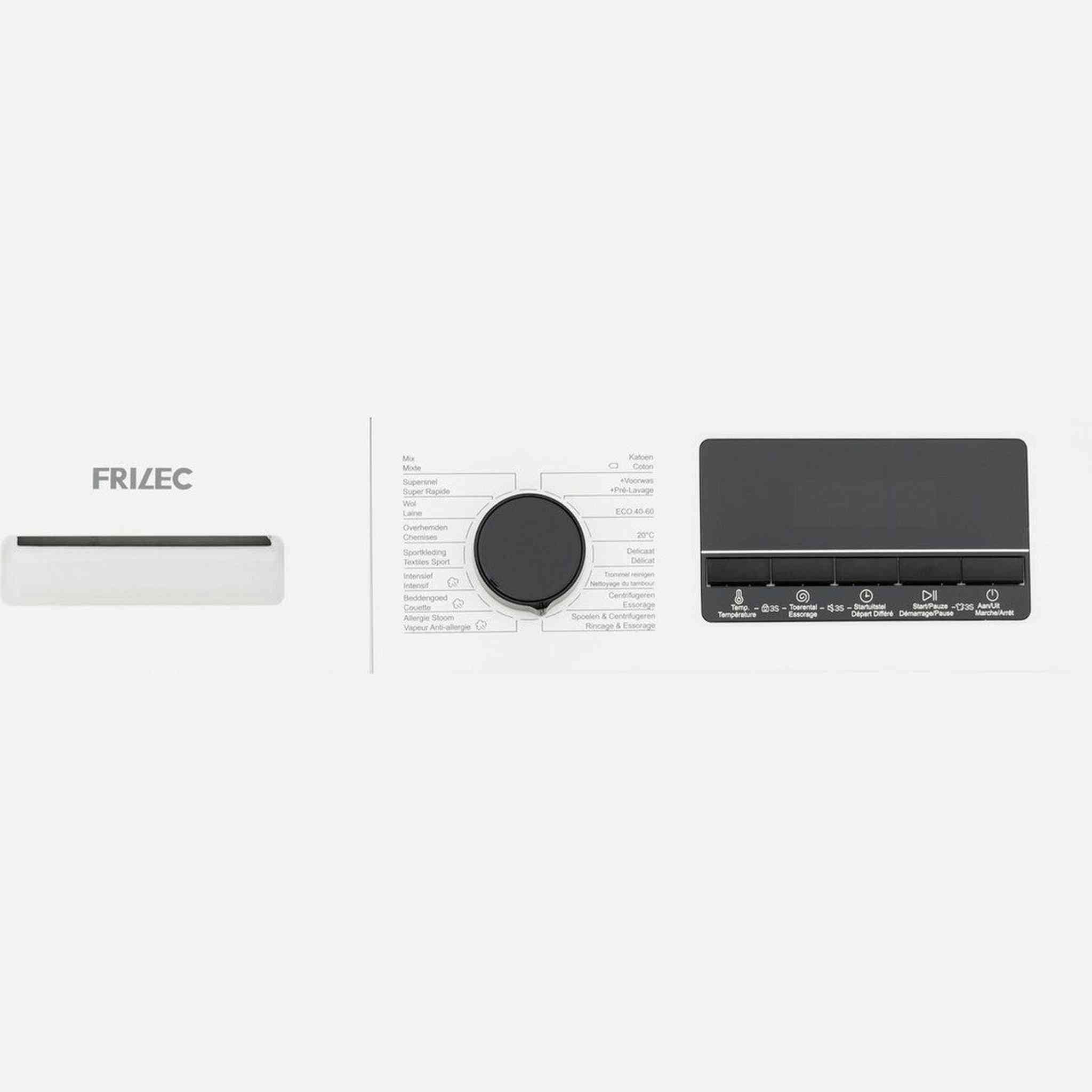 A white washing machine control panel with a black dial, digital display and buttons for temperature and settings.