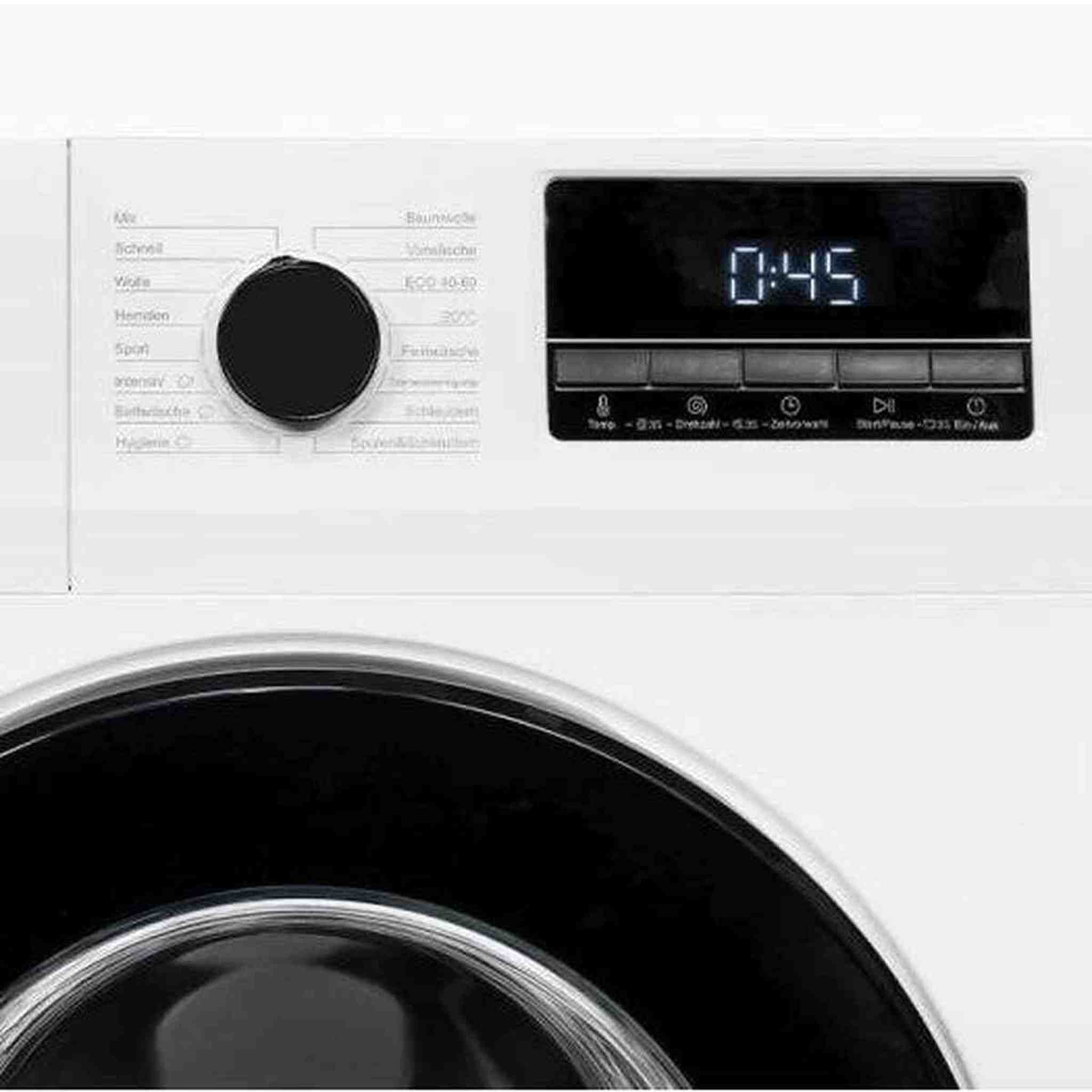 White washing machine control panel. A digital display shows 0:45. A black dial and various program options are visible.