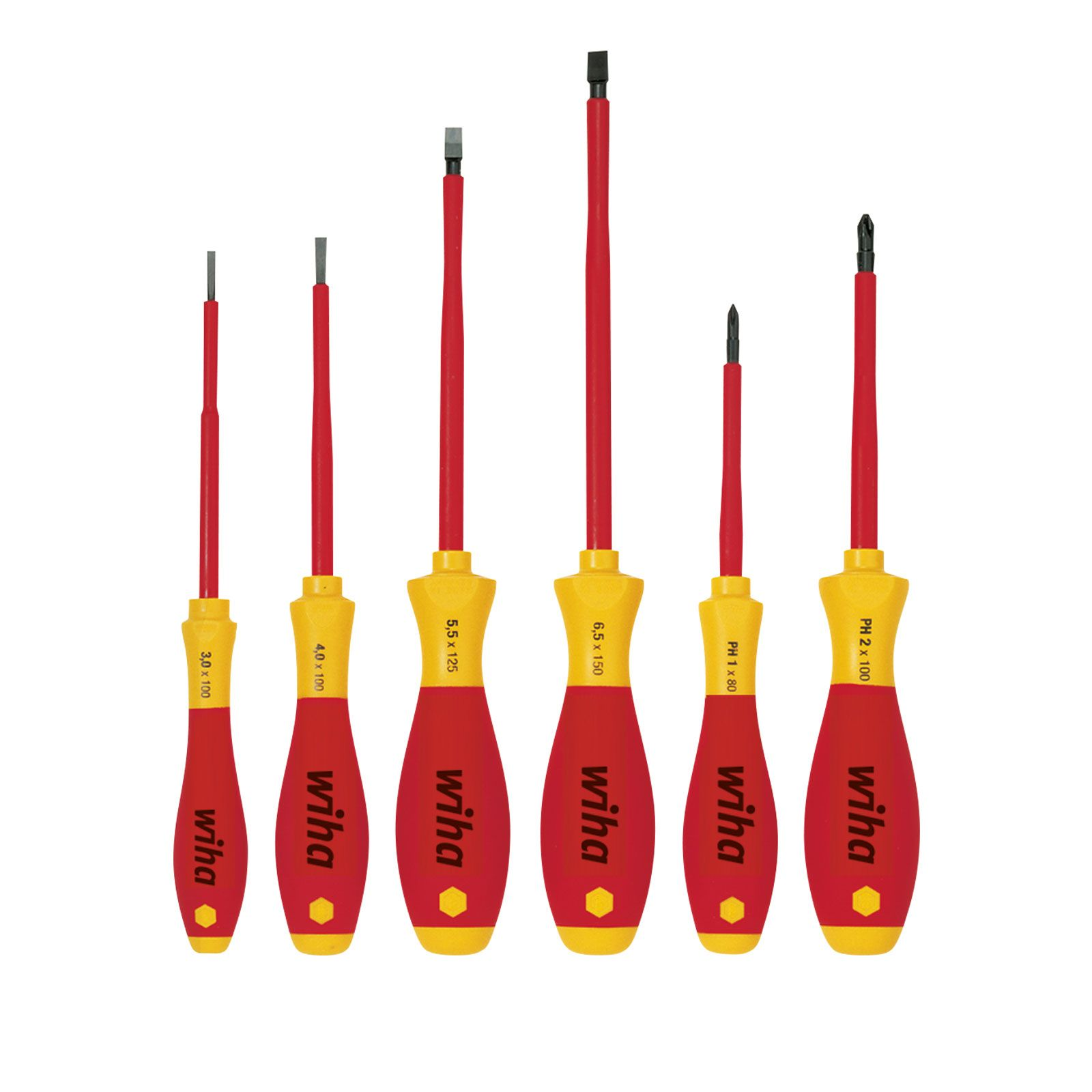 Sześć śrubokrętów, czerwone uchwyty z żółtymi podstawami, czarne końcówki i etykiety. Marka Wiha. Widoczne różne rozmiary i typy głowic.