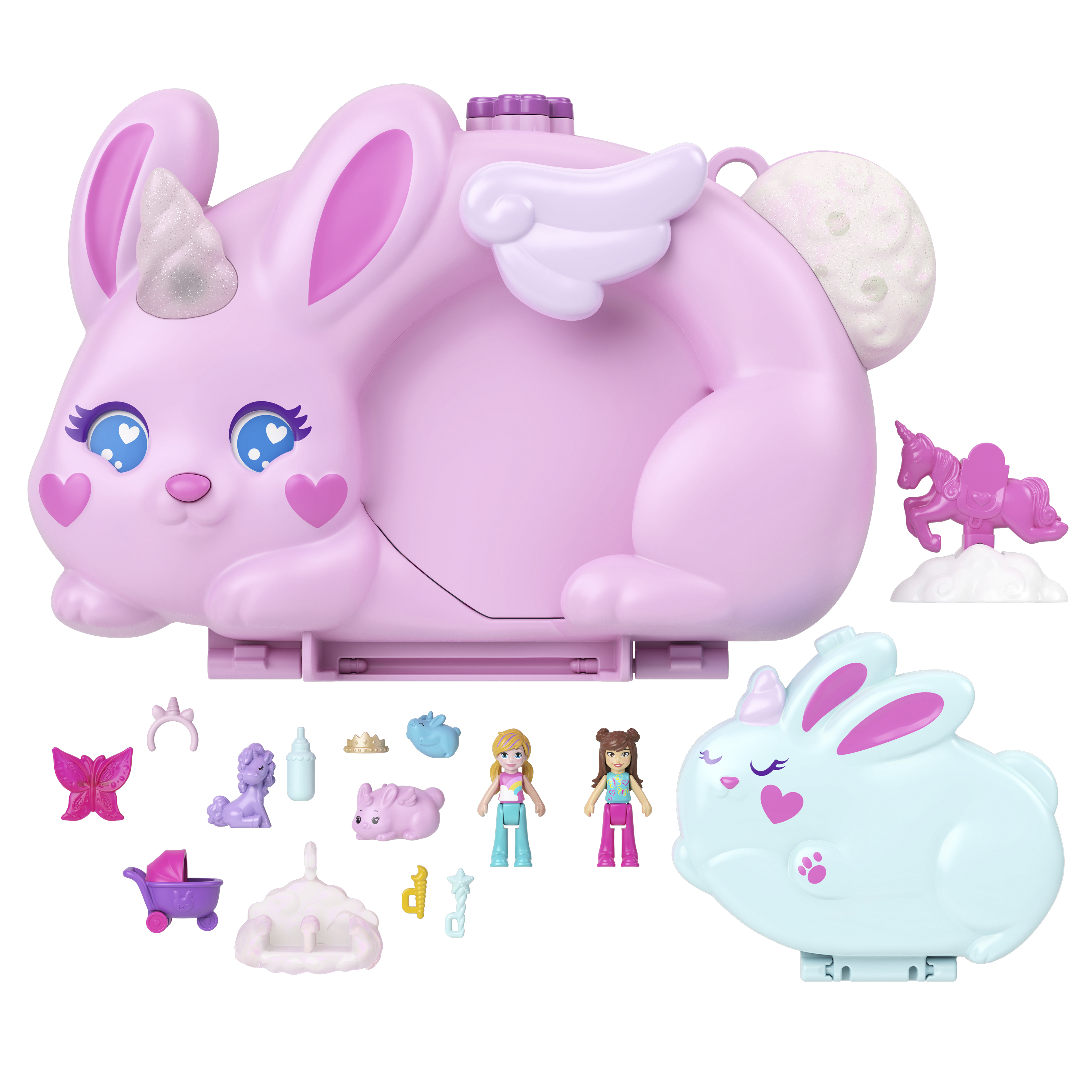 Ein rosa Spielzeug in Hasenform mit Zubehör. Enthält ein Einhorn, Figuren und andere kleine Spielzeuge.