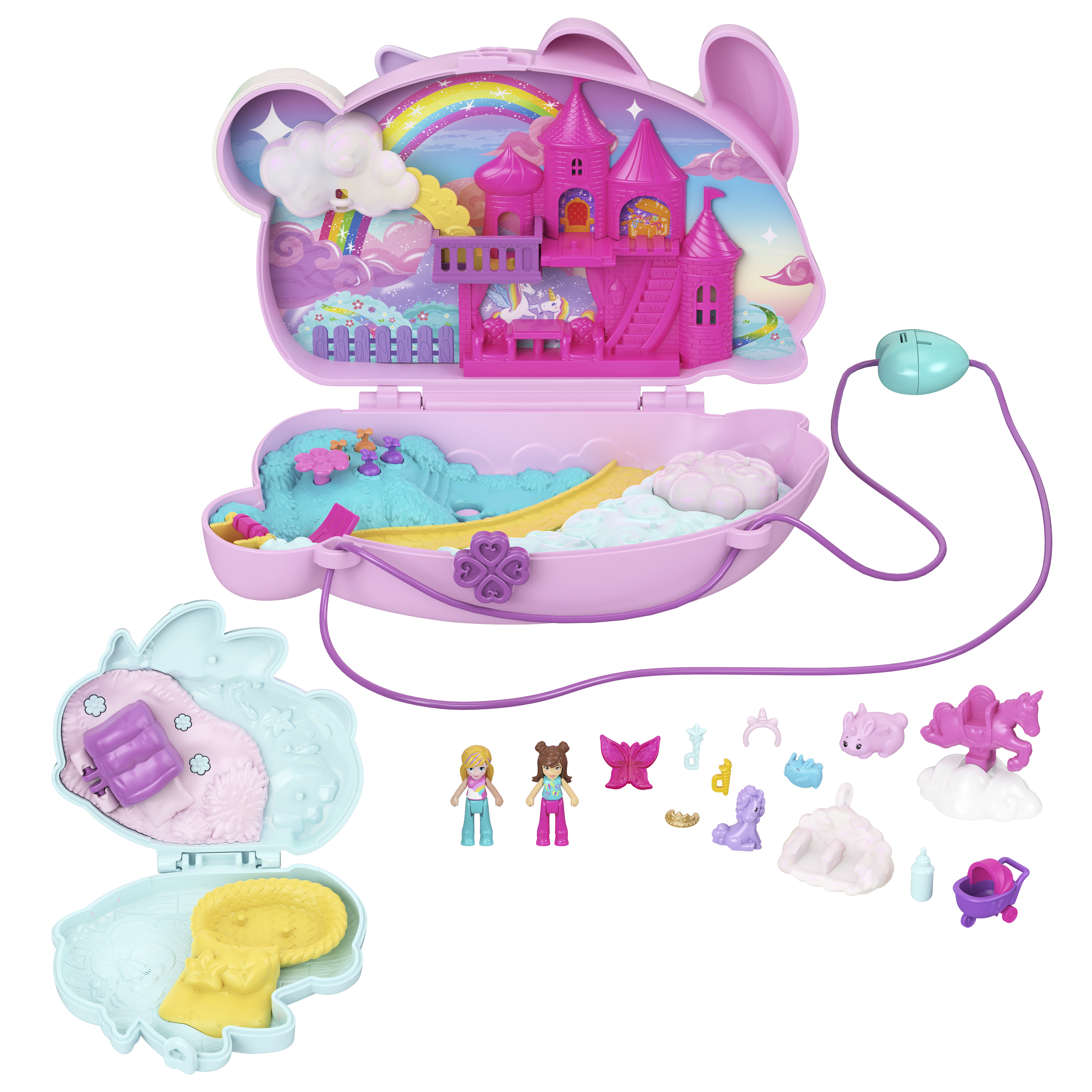 Ein rosa Einhorn-Spielzeugset. Es hat ein Schloss, Figuren und Zubehör. Ein Regenbogen, Wolken und ein blauer Himmel sind im Hintergrund.