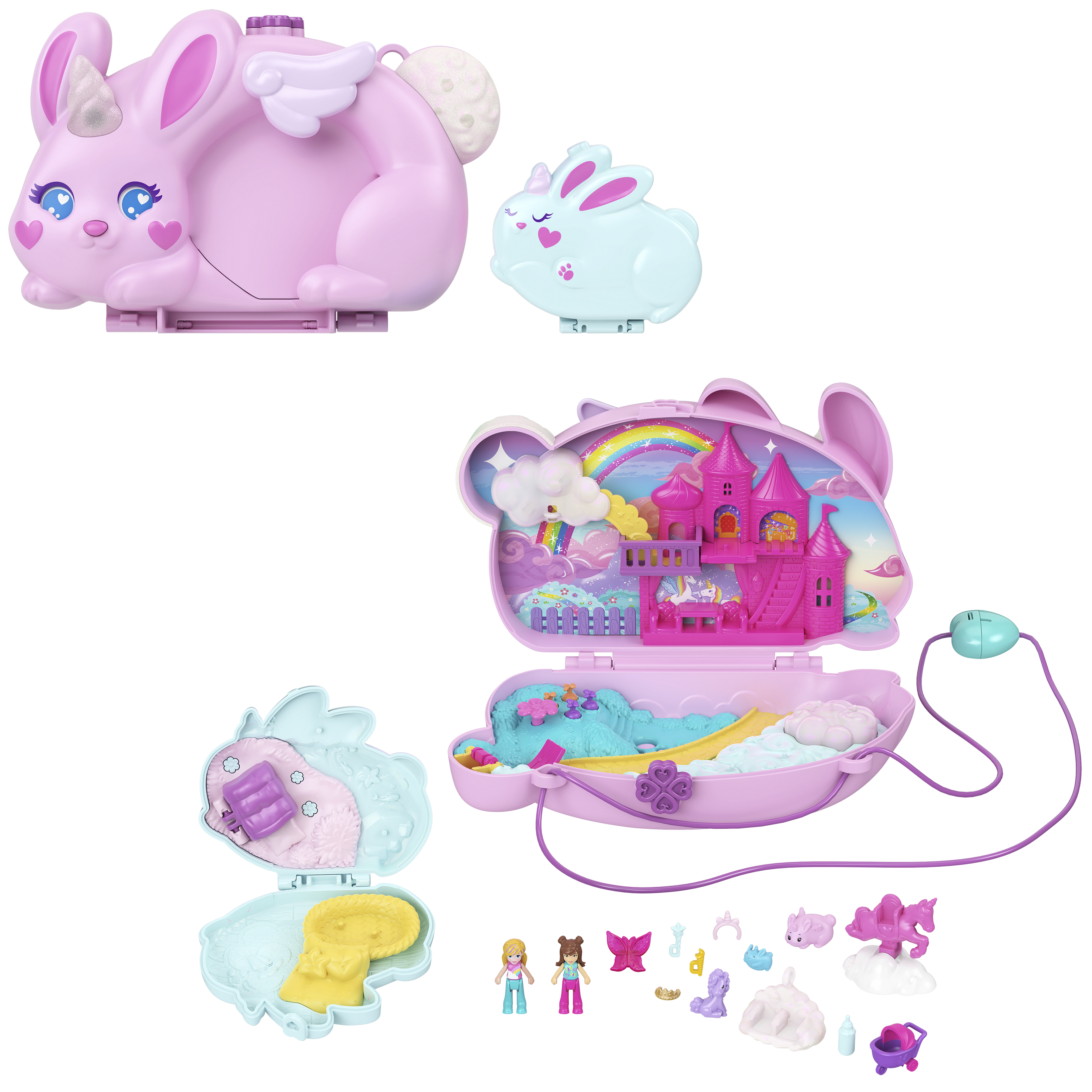 Rosa, hasenförmiges Spielzeug mit Flügeln, öffnet sich zu einer Märchenwelt. Enthält kleine Figuren, Burg, Regenbogen und Zubehör.