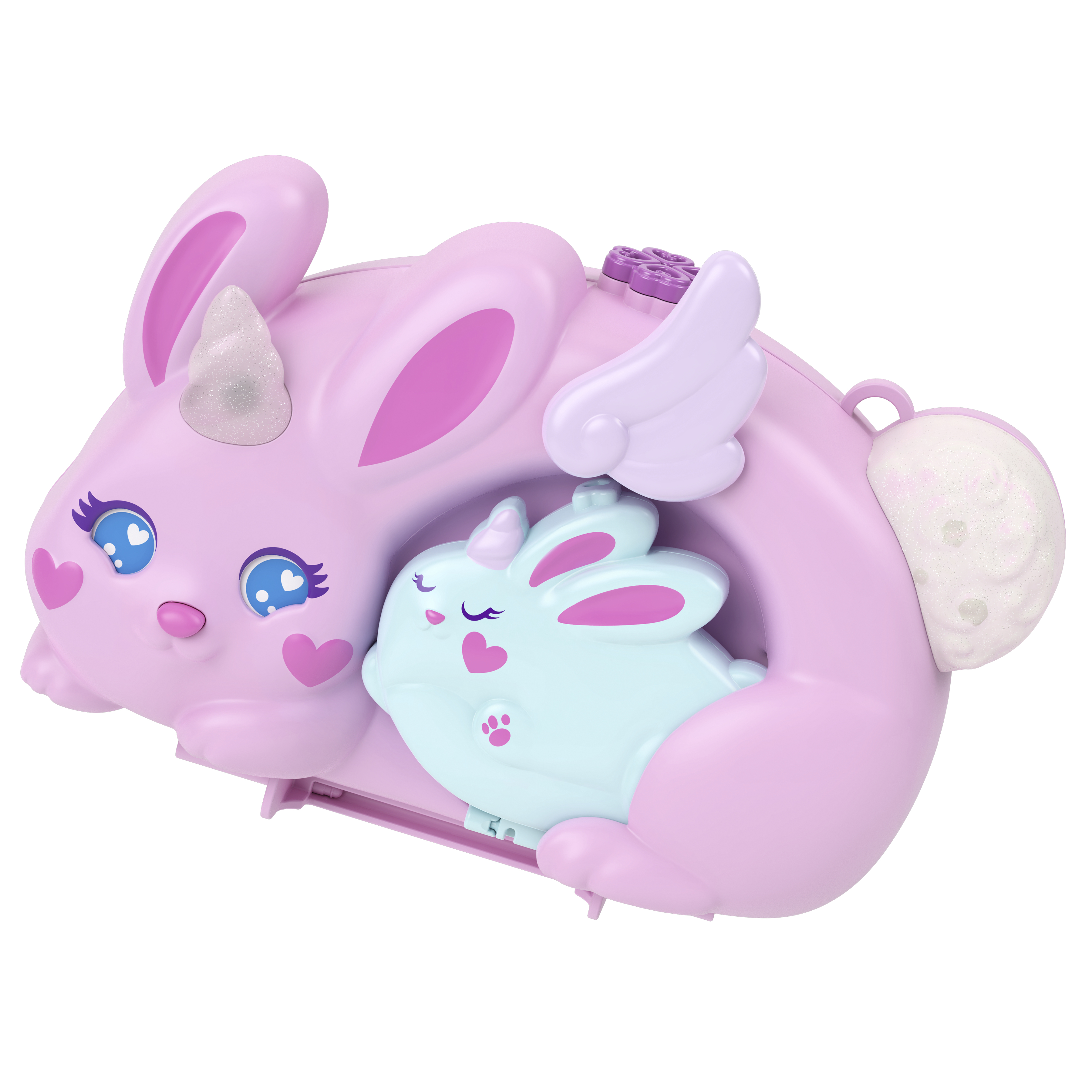 Ein rosa Spielzeug in Hasenform mit Horn, Flügeln und einem kleineren Hasen im Inneren. Es hat Herzdetails und einen weißen Hintergrund.