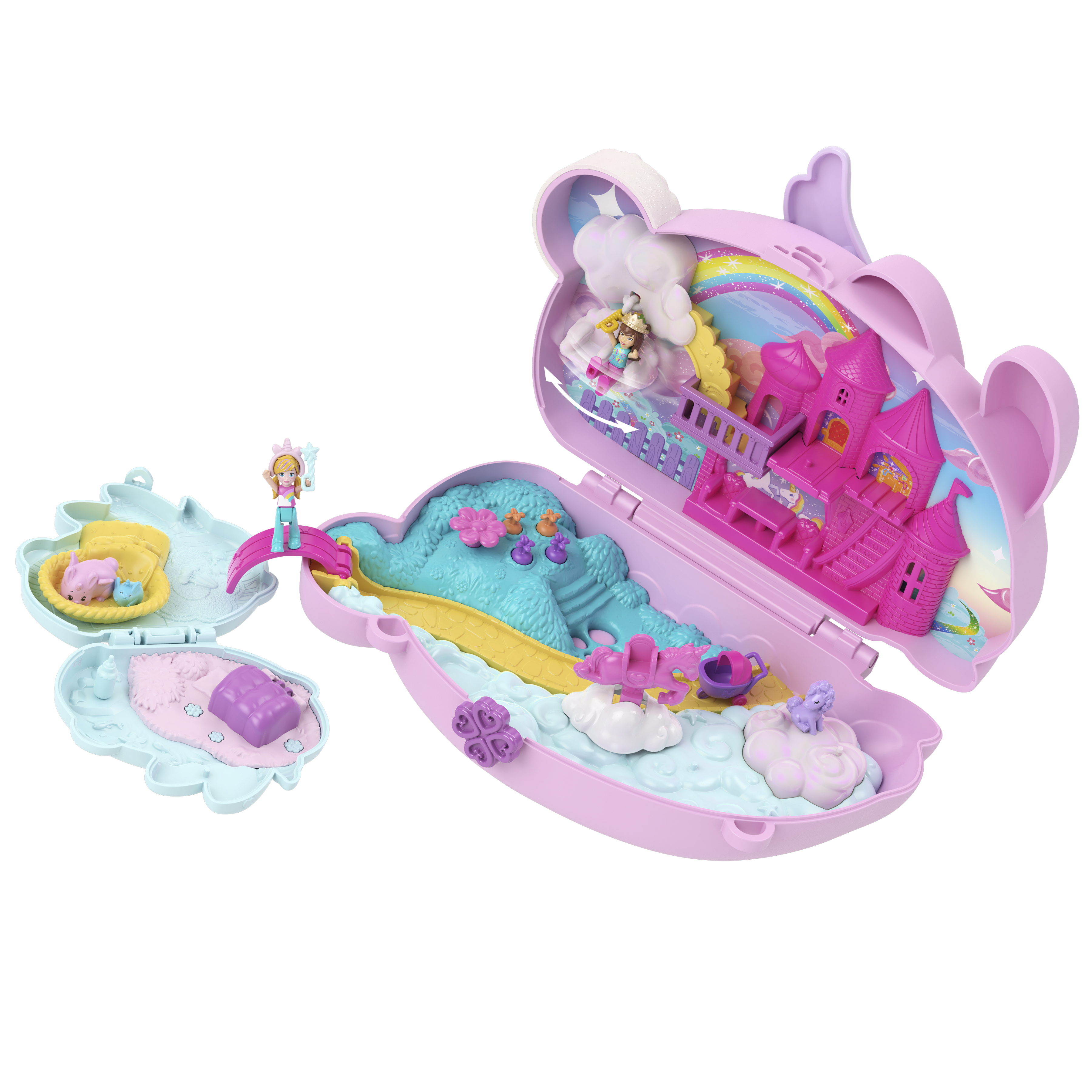 Ein rosa, einhornförmiges Spielzeugset, das sich öffnet und ein Schloss, einen Regenbogen und Figuren zeigt.