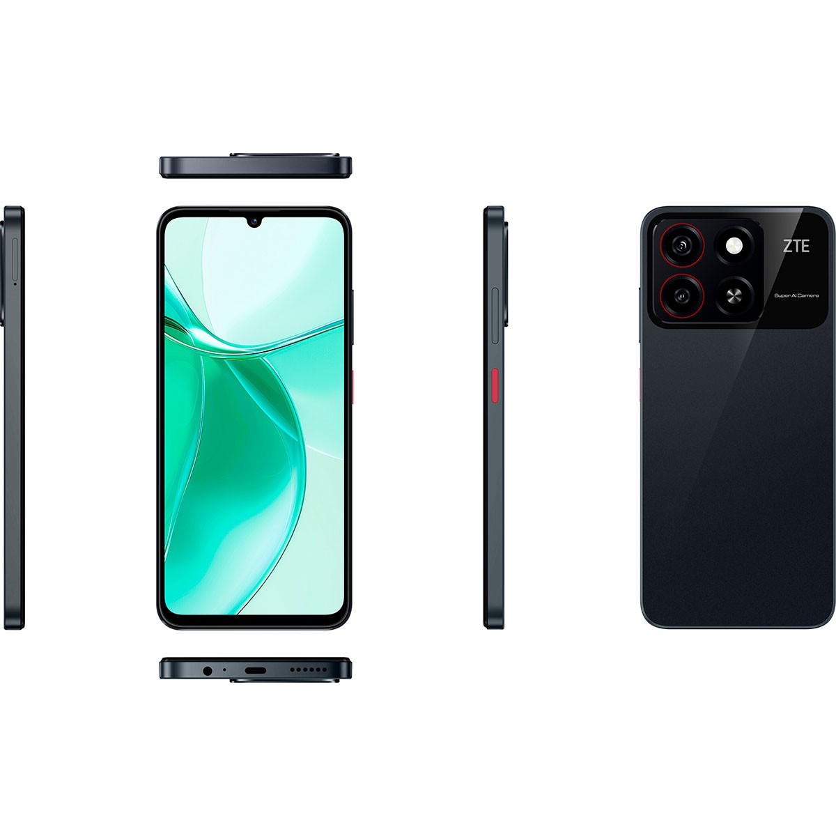 Un smartphone ZTE negro mostrado desde múltiples ángulos. Incluye pantalla curva, conjunto de cámaras y botones rojos de acento.