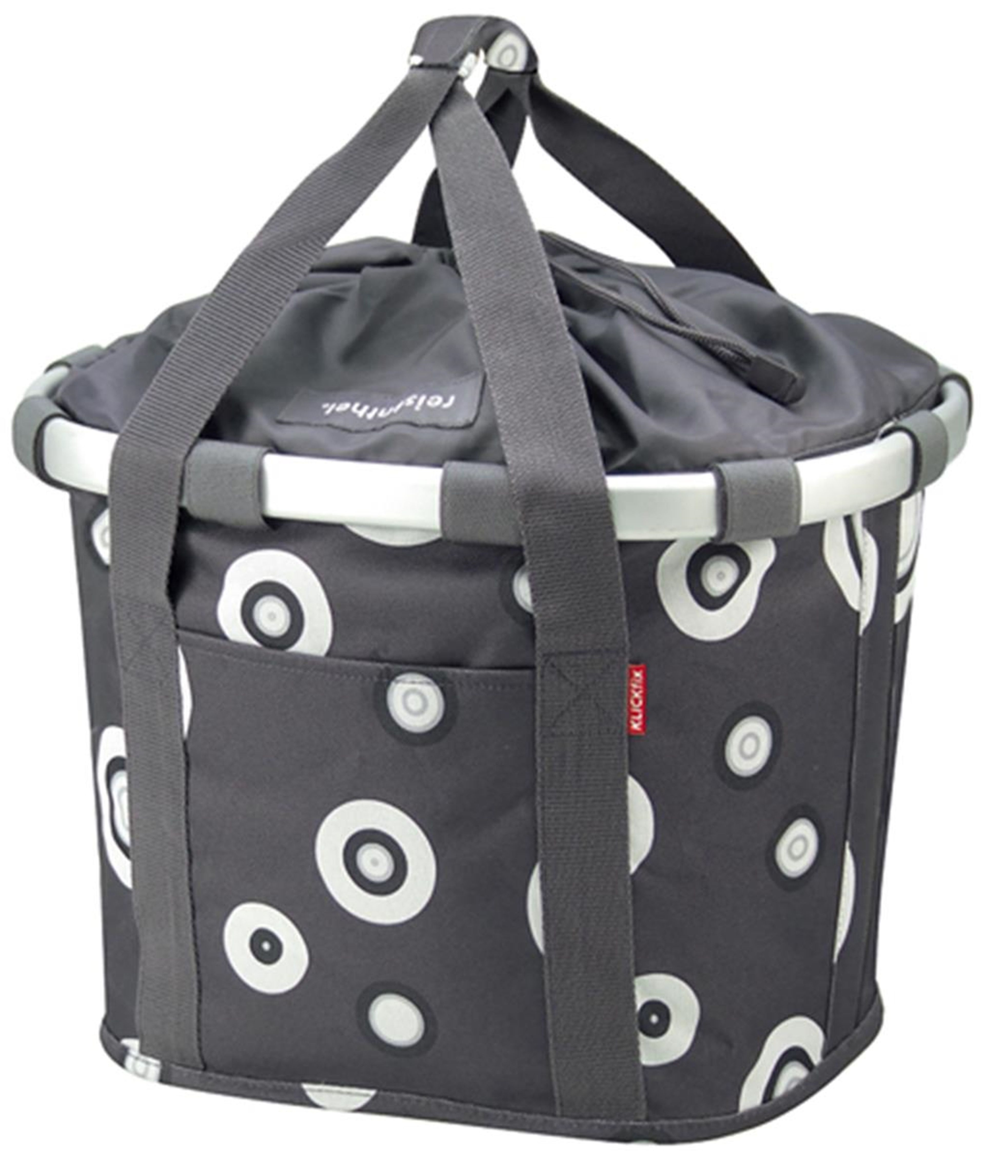 Szary koszyk na zakupy z białymi okręgami. Ma szare uchwyty i czarną górę. Widoczna jest nazwa marki 'Klickfix'.