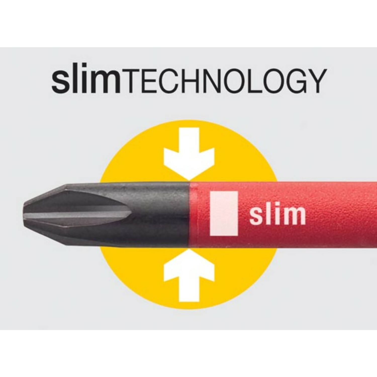 Końcówka wkrętakowa z napisem 'slim TECHNOLOGY'. Żółte koło ze strzałkami i słowem 'slim'.