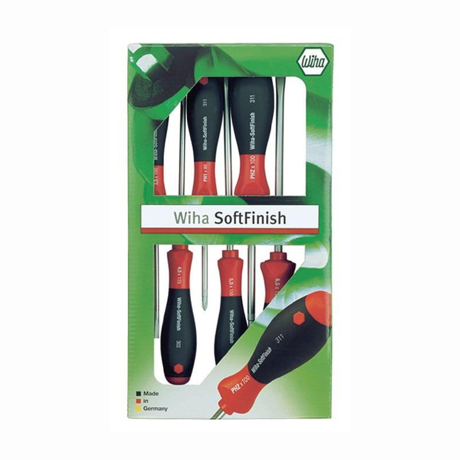 Ein Satz Wiha SoftFinish Schraubendreher in einer grün-weißen Verpackung. Schraubendreher haben schwarze und rote Griffe.