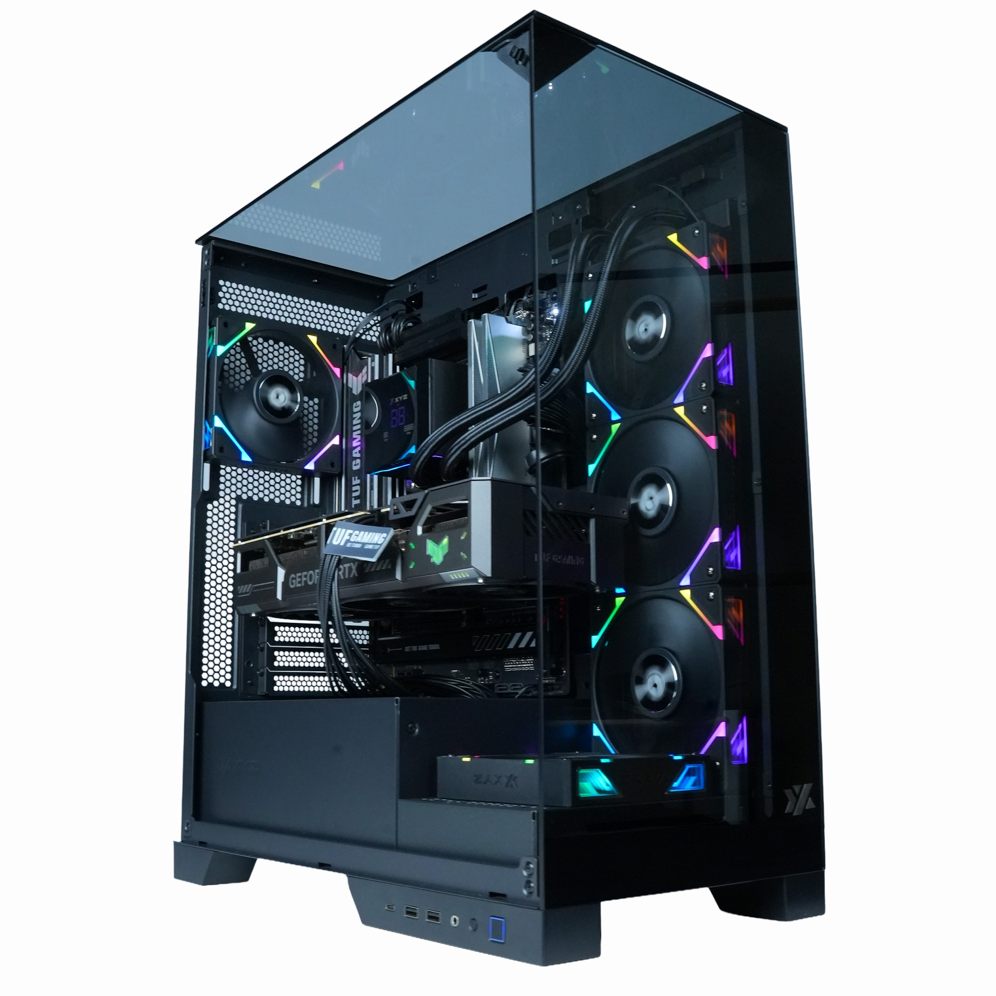 Una caja de computadora negra con un panel lateral de vidrio, que muestra componentes internos como ventiladores, una tarjeta gráfica y refrigeración líquida.