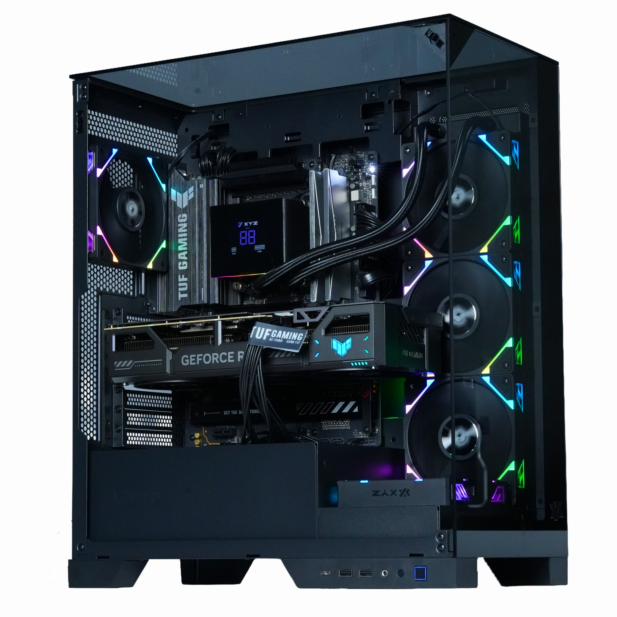 Una caja de ordenador negra con componentes internos, incluidos ventiladores con luces multicolores y una tarjeta gráfica.