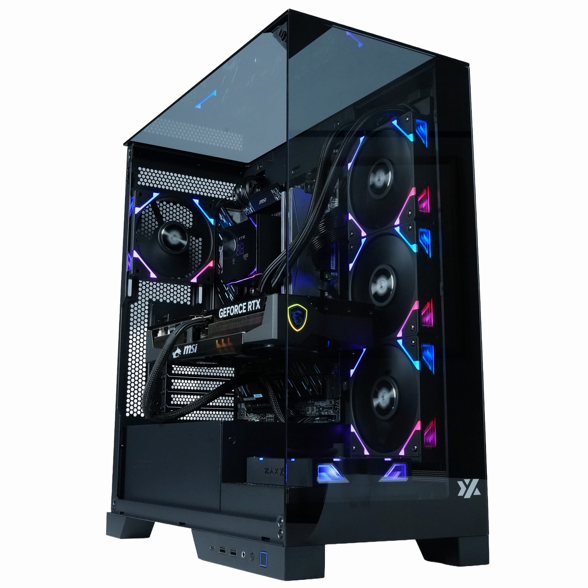 Una carcasa de PC para juegos negra con paneles de vidrio, ventiladores RGB y una tarjeta gráfica GeForce RTX.