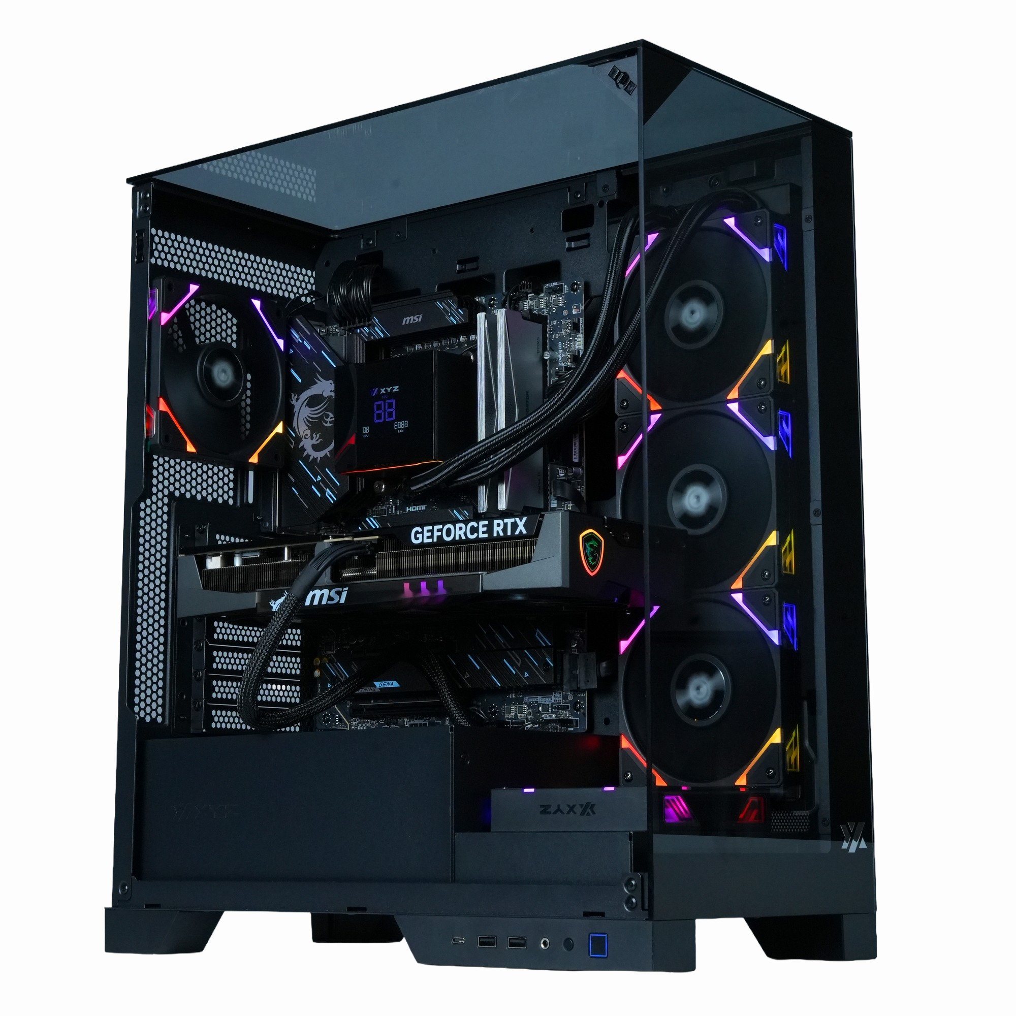 Carcasa de ordenador negra con componentes iluminados por luces RGB. Cuenta con tarjeta gráfica, ventiladores y refrigeración líquida. Logos MSI y GeForce RTX.