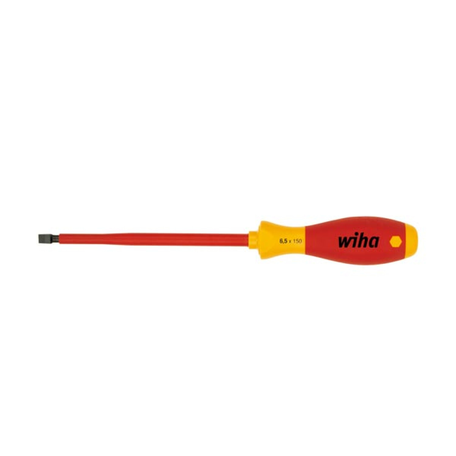 Ein Wiha-Schraubendreher. Das Werkzeug ist rot und gelb. Die Spitze ist ein Schlitz. Der Griff ist rot mit dem Wiha-Logo.