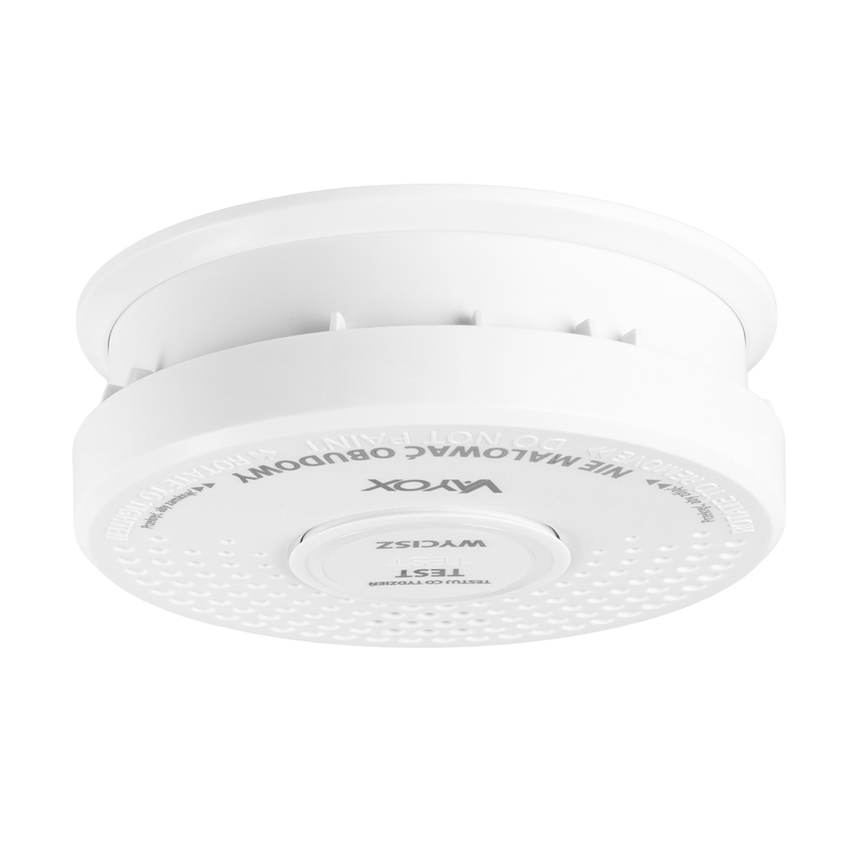 Biały czujnik dymu na białym tle. Ma okrągły kształt, z tekstem i przyciskiem testowym pośrodku. Marka to Vayox.