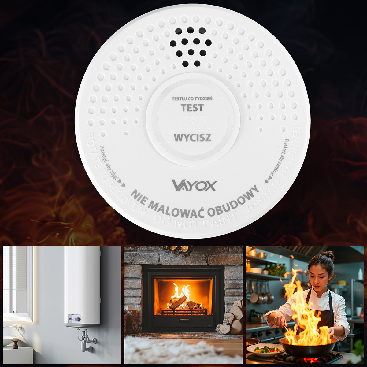 Biała czujka dymu z przyciskiem testu znajduje się nad trzema obrazami: podgrzewaczem wody, kominkiem z ogniem i szefem kuchni gotującym ogniem.
